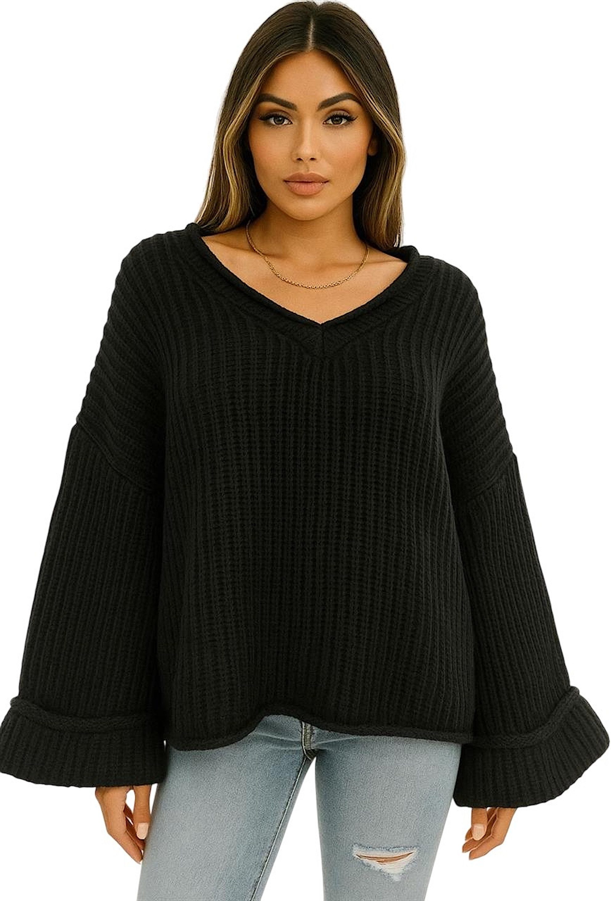Worldclassca V-Ausschnitt-Pullover WORLDCLASSCA Damen Oversize Strickpulllover Dick Pulli V-Ausschnitt Neue Kollektion - Stilvolle und gemütliche Strickmode für Damen