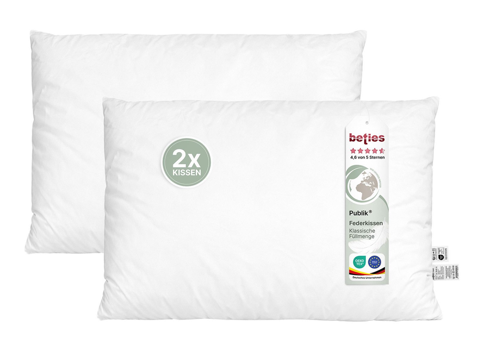 beties Federkissen Publik 2er Set, Füllung: Gänse- und Entenfedern, Bezug: Baumwolle, Seitenschläfer, Bauchschläfer, Rückenschläfer, Spar-Set, waschbar - in verschiedenen Größen erhältlich