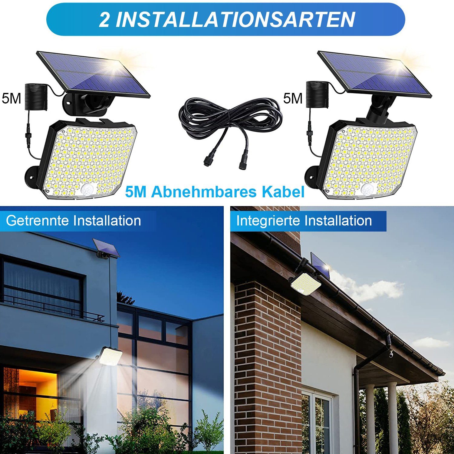 Außen-Wandleuchte,IP65,5M 5M MUPOO Kabel, Bewegungssensor120°Erfassungswinkel Solarleuchte Fernbedienung, Gartenleuchte 1 LED Stück, LED Kabel,118LEDs,Weiße,Fernbedienung, LED