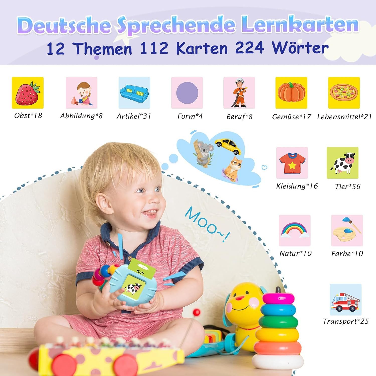 Forrlite Lernspielzeug Sprechende Lernkarten Deutsch & Englisch für Kleinkinder –224 Wörter (Geschenke für Kinder, akustisches Lernspielzeug,Kinder Geburtstagsgeschenk,12 Themen), 112 Blätter,interaktives Spielzeug,für Kinder ab 3 Jahren