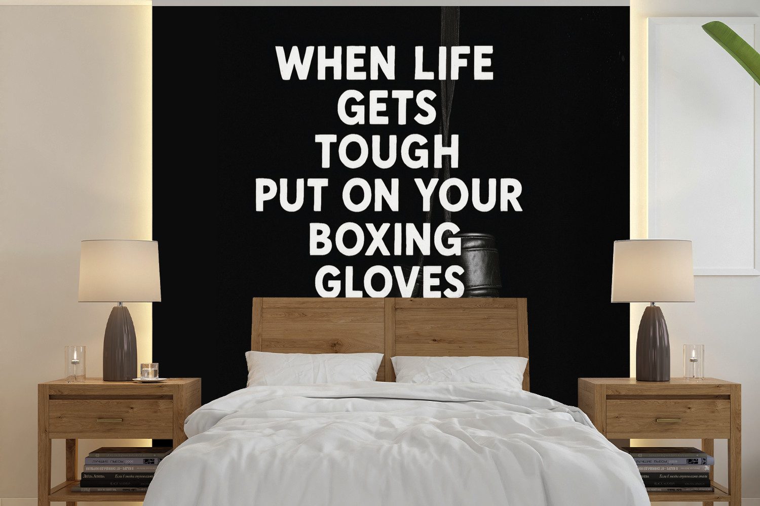 MuchoWow Fototapete Text - Boxhandschuhe - Weiß, Matt, bedruckt, Vliestapete für Wohnzimmer Schlafzimmer Küche, Fototapete, 220x220 cm