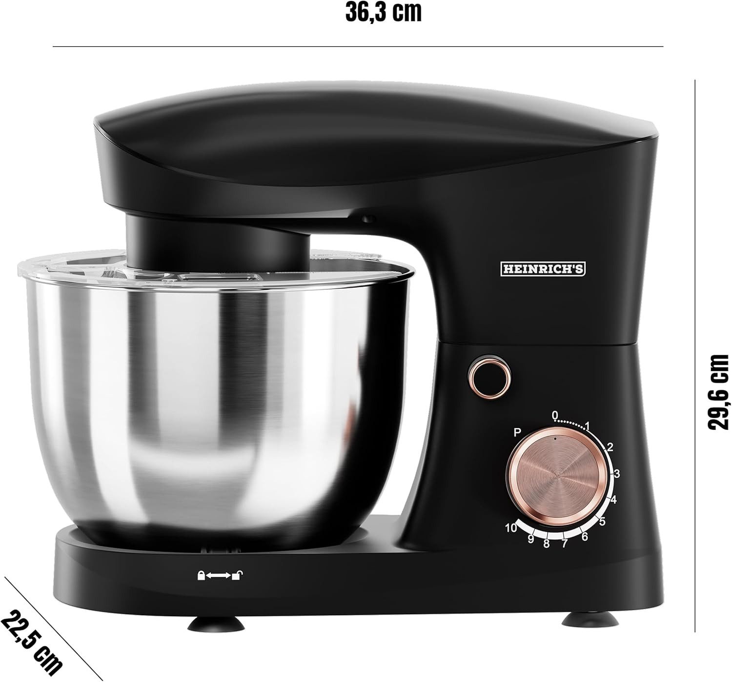 Heinrich´s Küchenmaschine HKM 8077 Schwarz, 1500 W, 6 l Schüssel, 1500W, 6L Edelstahl, 10 Geschwindigkeiten