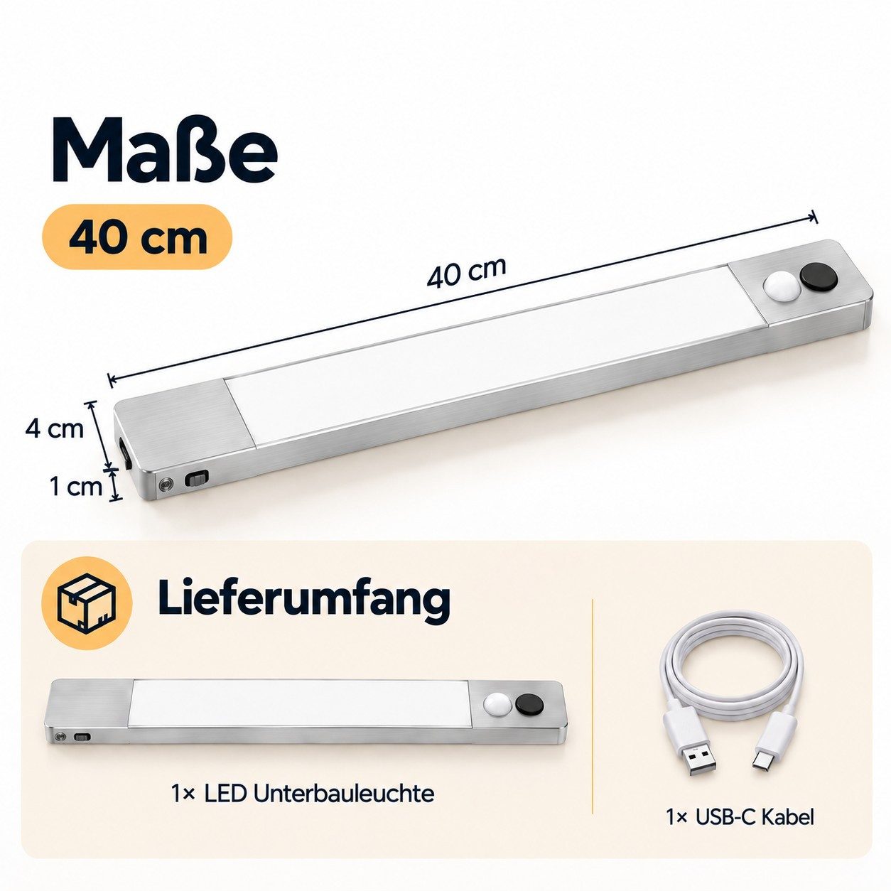 Hanseatic LED Unterbauleuchte 40 cm o. 60 cm / Schrankbeleuchtung / Lichtleiste LUBLUGHK223, Abschaltautomatik, Bewegungsmelder, Dimmer, Dimmfunktion, Ein-/Ausschalter, Sensorschalter, Tageslichtsensor, USB-Ladefunktion, mehrere Helligkeitsstufen, LED fest integriert, Neutralweiß, Akku, 4000 K, mobile Lampe f. Schlafzimmer, Küche, magnetisch