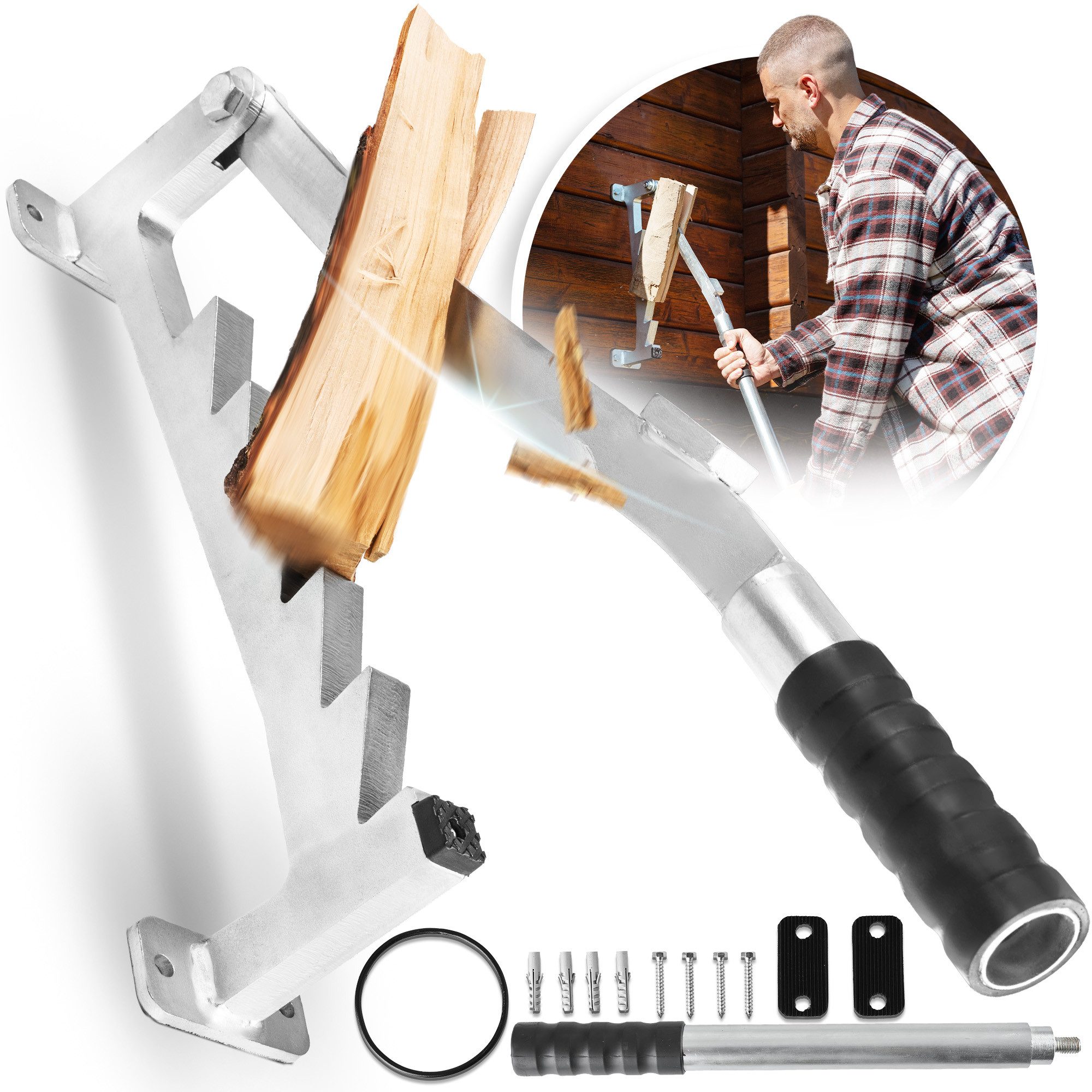 FORSTIX® Holzspalter manuell [Wandmontage] mechanischer Handholzspalter Spanmesser, Spaltgutlänge bis 34 cm, (Packung), Kaltverzinkter Stahl, Doppelgriff, Wandmontage