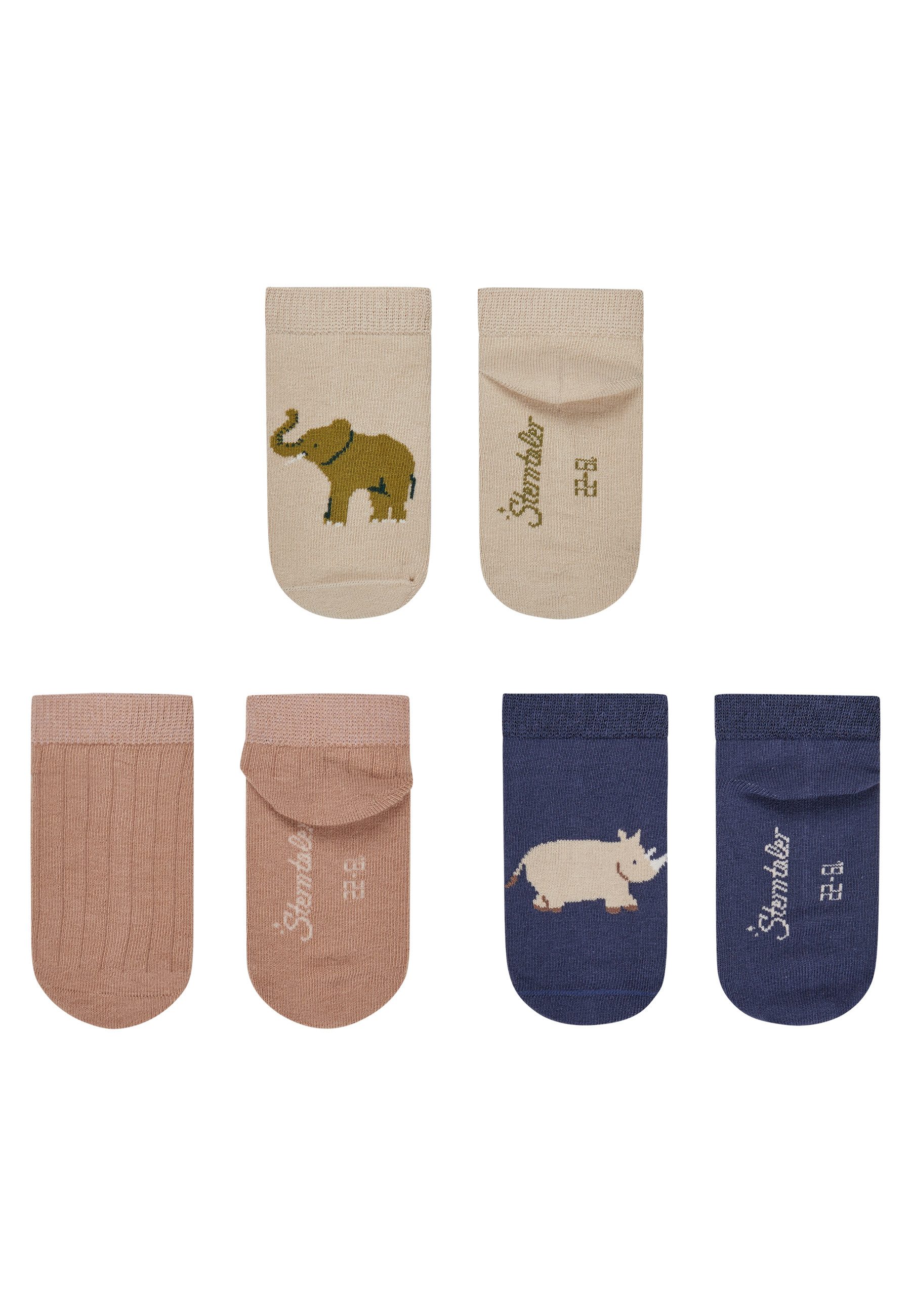 Sterntaler® Sneakersocken Sneaker Socken 3er-Pack Elefant (3-Paar, Sneaker Socken 3er-Pack Elefant) Sneaker Socken 3er Pack mit Elefant, Nashorn & Rippe, aus Baumwolle