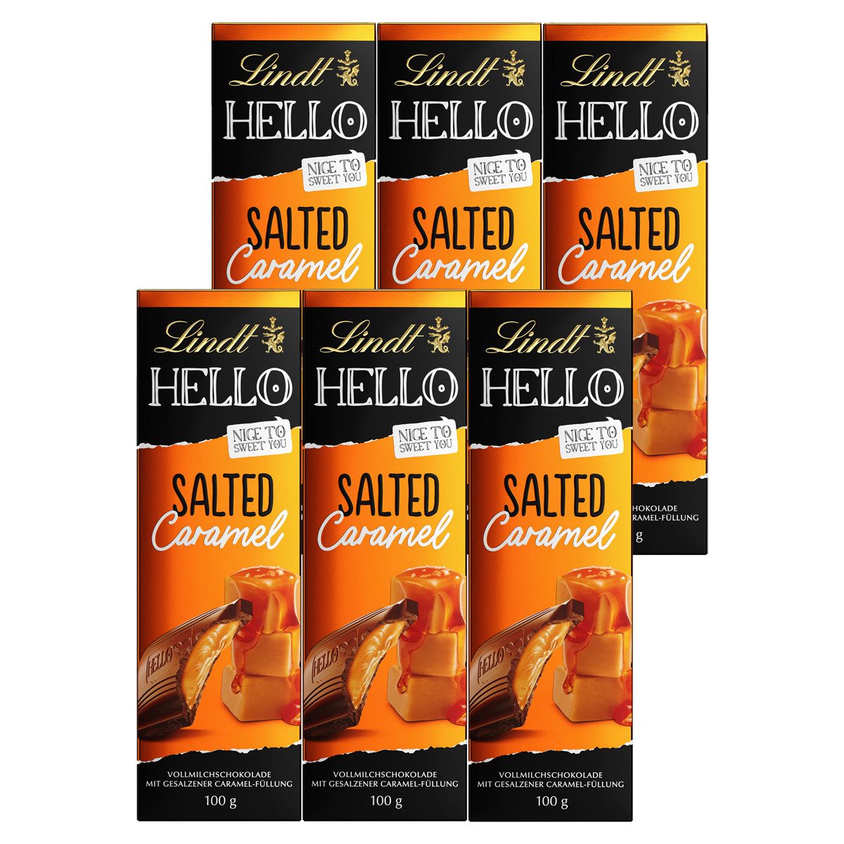 LINDT Schokolade, Lindt und Sprüngli Hello Salted Caramel Vollmilch 100g 6er Pack