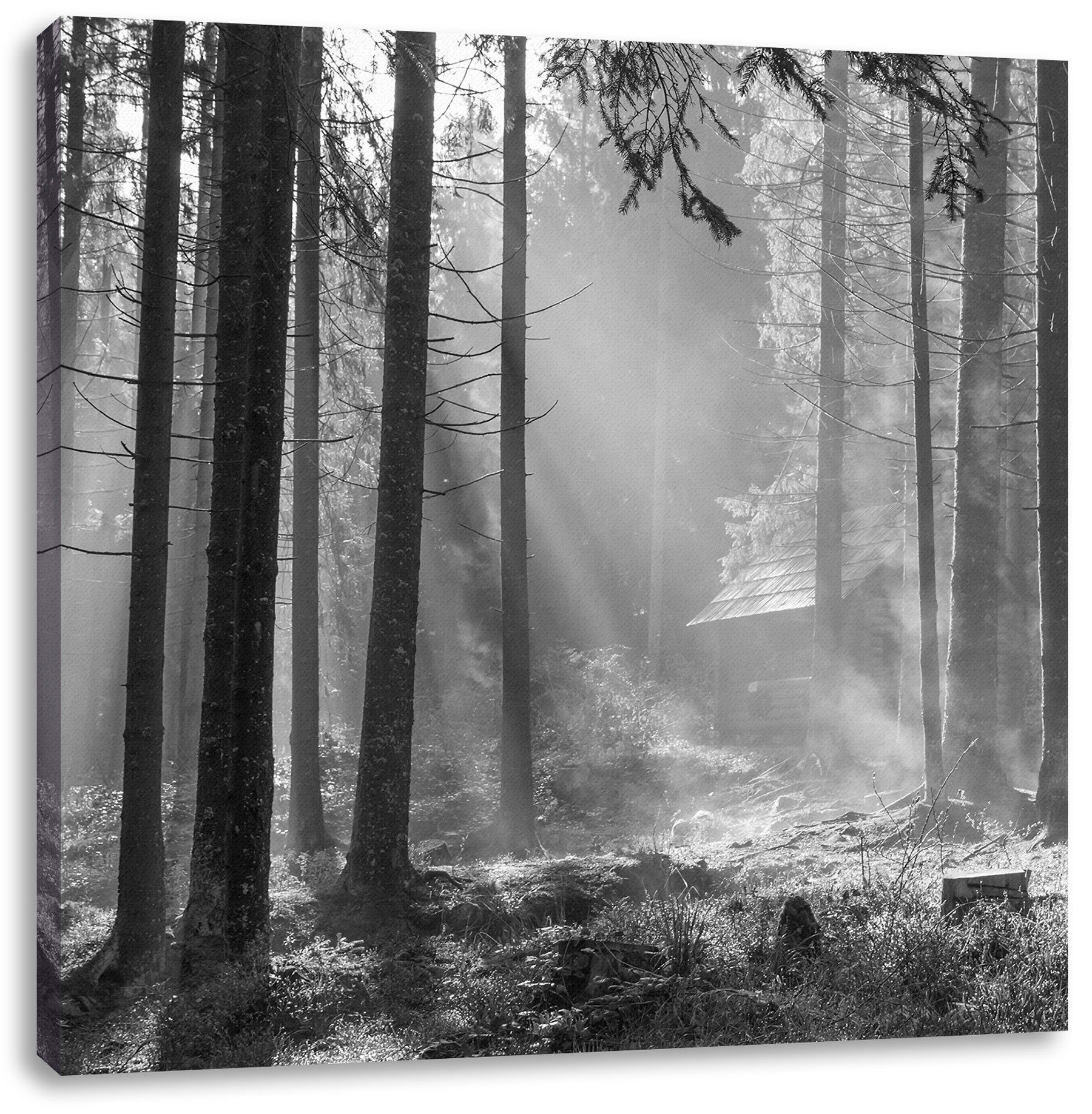 inkl. Leinwandbild St), fertig Wald, Pixxprint Leinwandbild bespannt, Häuschen (1 im Wald im Häuschen Zackenaufhänger