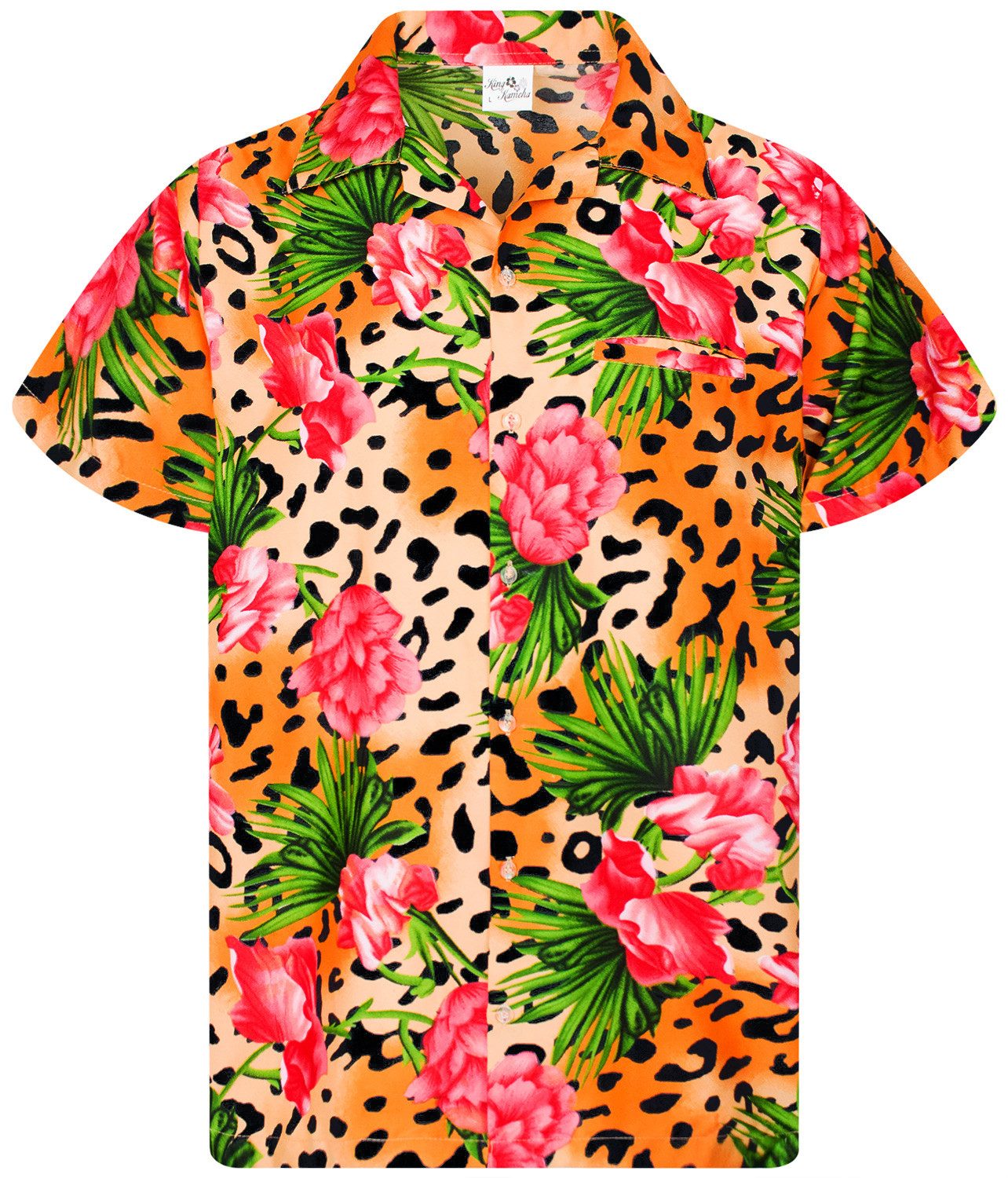 King Kameha Hawaiihemd Leopard Flowers Funky Hawaii-Hemd Herren Kurzarm Front-Tasche Unisex