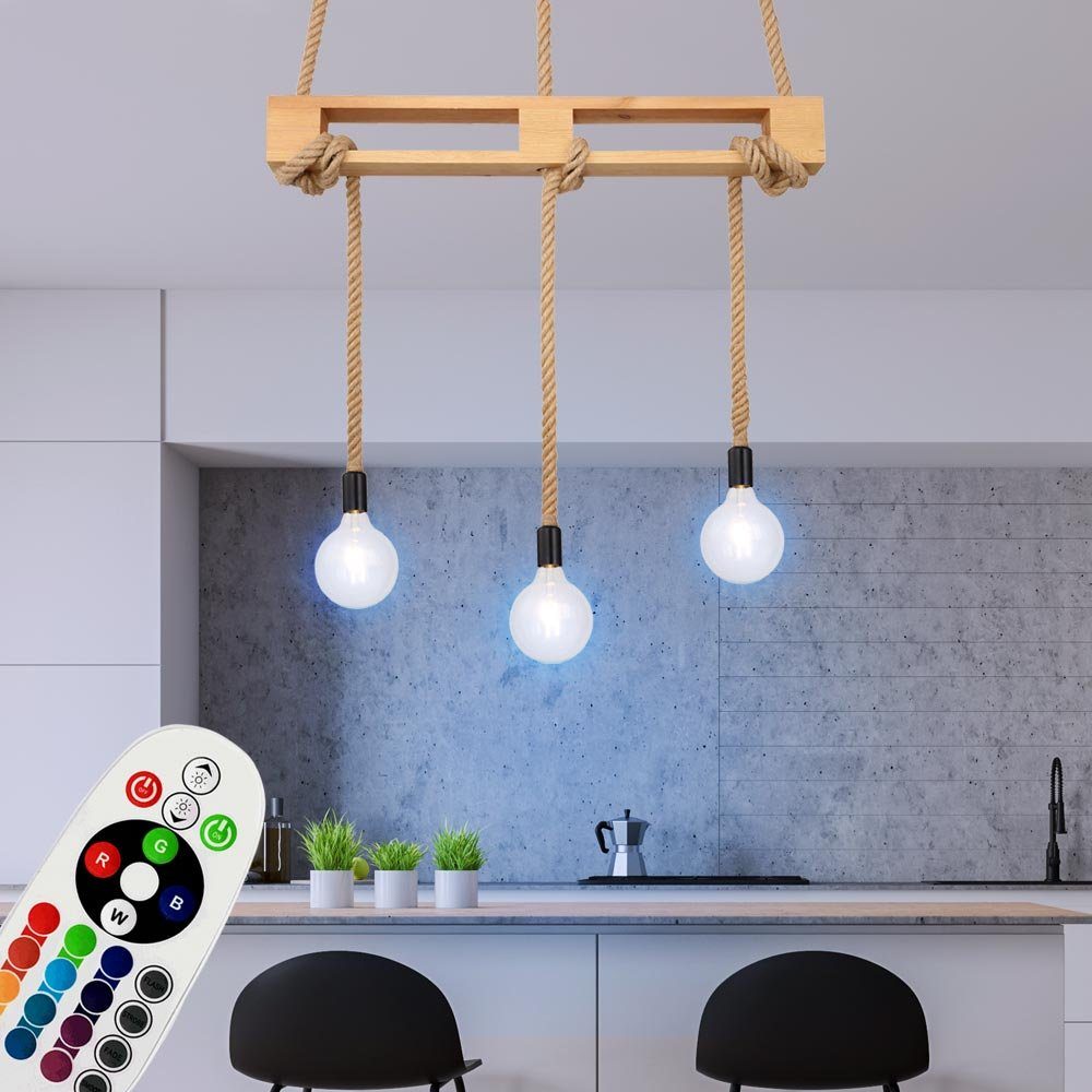 etc-shop LED Pendelleuchte, Leuchtmittel inklusive, Warmweiß, Farbwechsel, Holz Decken Pendel Leuchte dimmbar Hanfseil Hänge Lampe