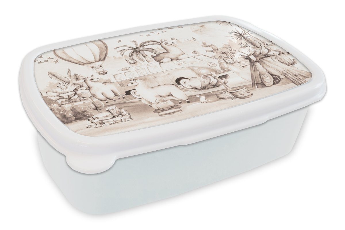 MuchoWow Lunchbox Kinder - Alpaka - Brotbox Jungs für für - Erwachsene, - und (2-tlg), Heißluftballon Brotdose, Mädchen und Kunststoff, Kinder Junge Mädchen, weiß