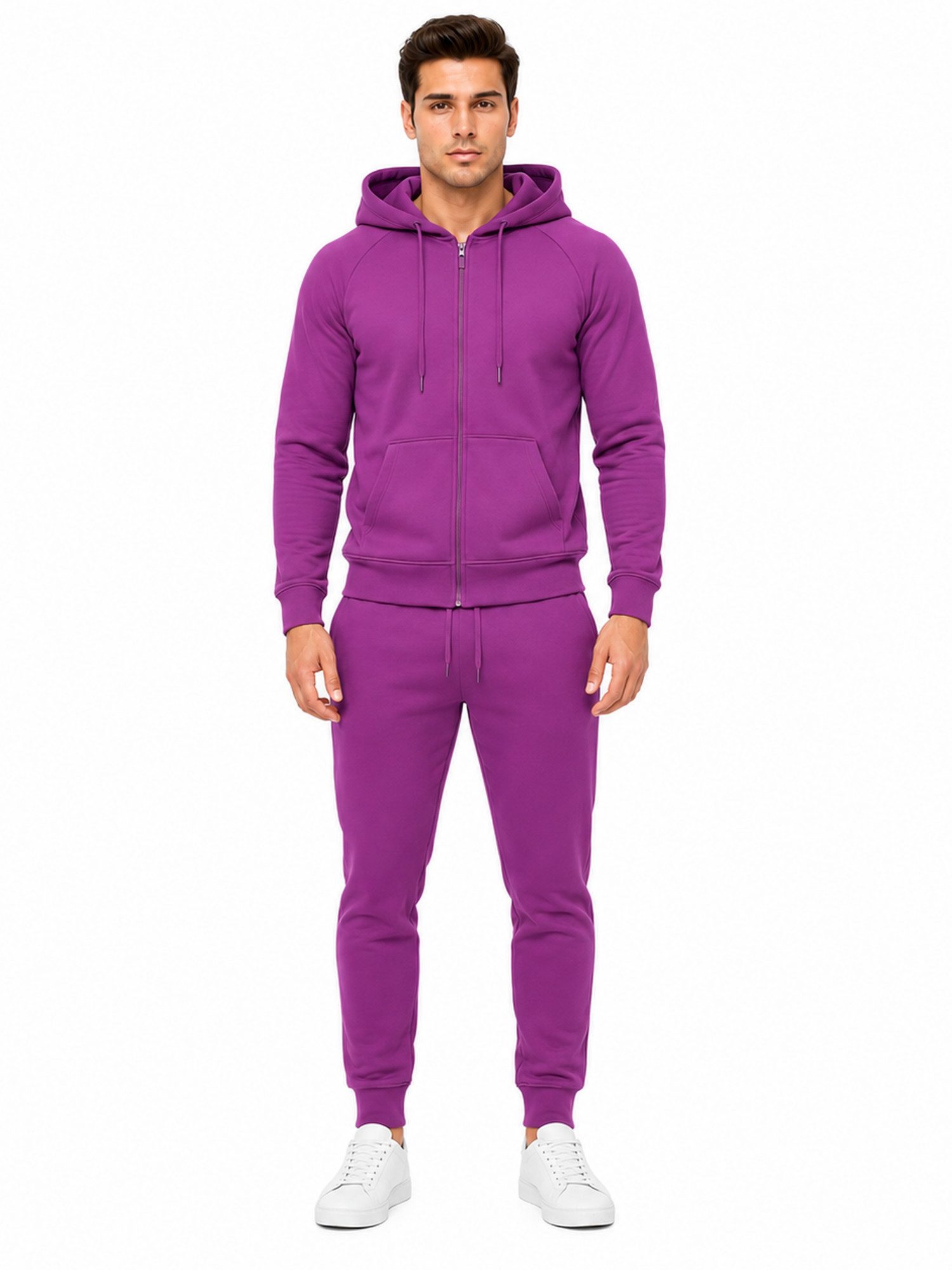 L.gonline Freizeitanzug Herren Jogginganzug einfarbig 100% BW 586 Lila 3XL (Kapuzenjacke mit Reißverschluss, Hose, 2-tlg), Fitness Freizeit Casual – Bild 4 von 5