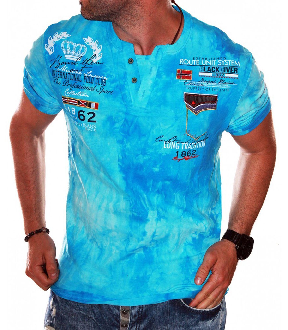 Jaylvis T-Shirt Sommer V-Kragen Freizeit Kurzarm Shirt Türkis (2285) | T-Shirts