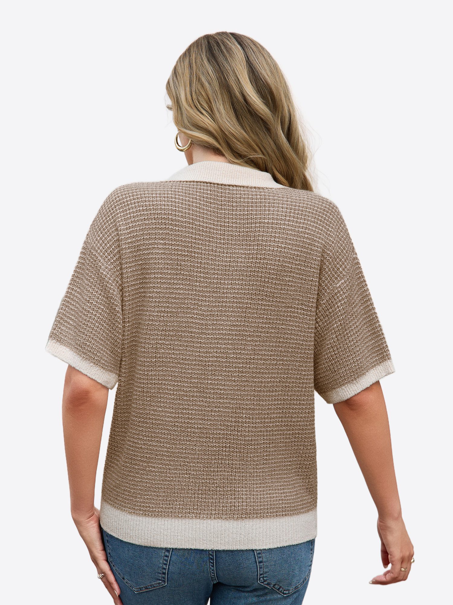 Imily Bela Strickpullover Damen gestreifter Pullover mit Polokragen (Packung, 1-tlg., 1per-Pack) V-Ausschnitt