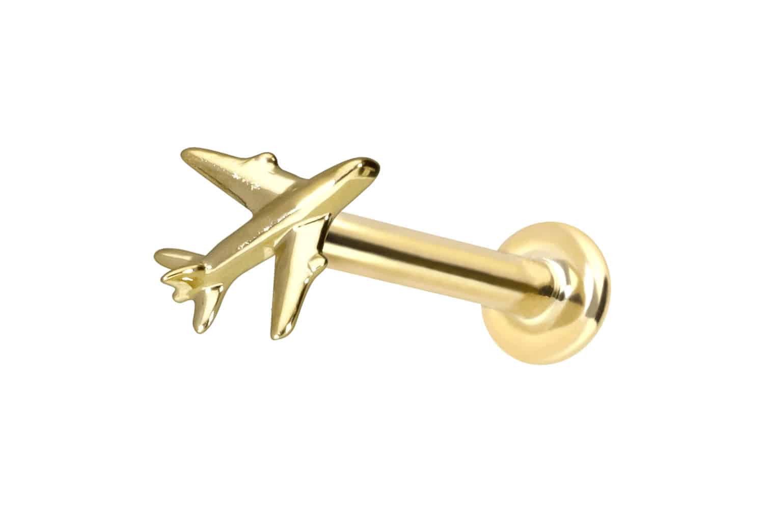Piercing-Set 14 Karat Gold Labret mit Push Fit FLUGZEUG