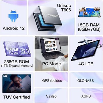 DOOGEE Tablet (10.1", 256 GB, Android 12, 4G LTE, FHD+ 15GB RAM+256GB ROM, 8580mAh Octa-Core, 4G, 2.4/5G WiFi 13MP + 8MP)