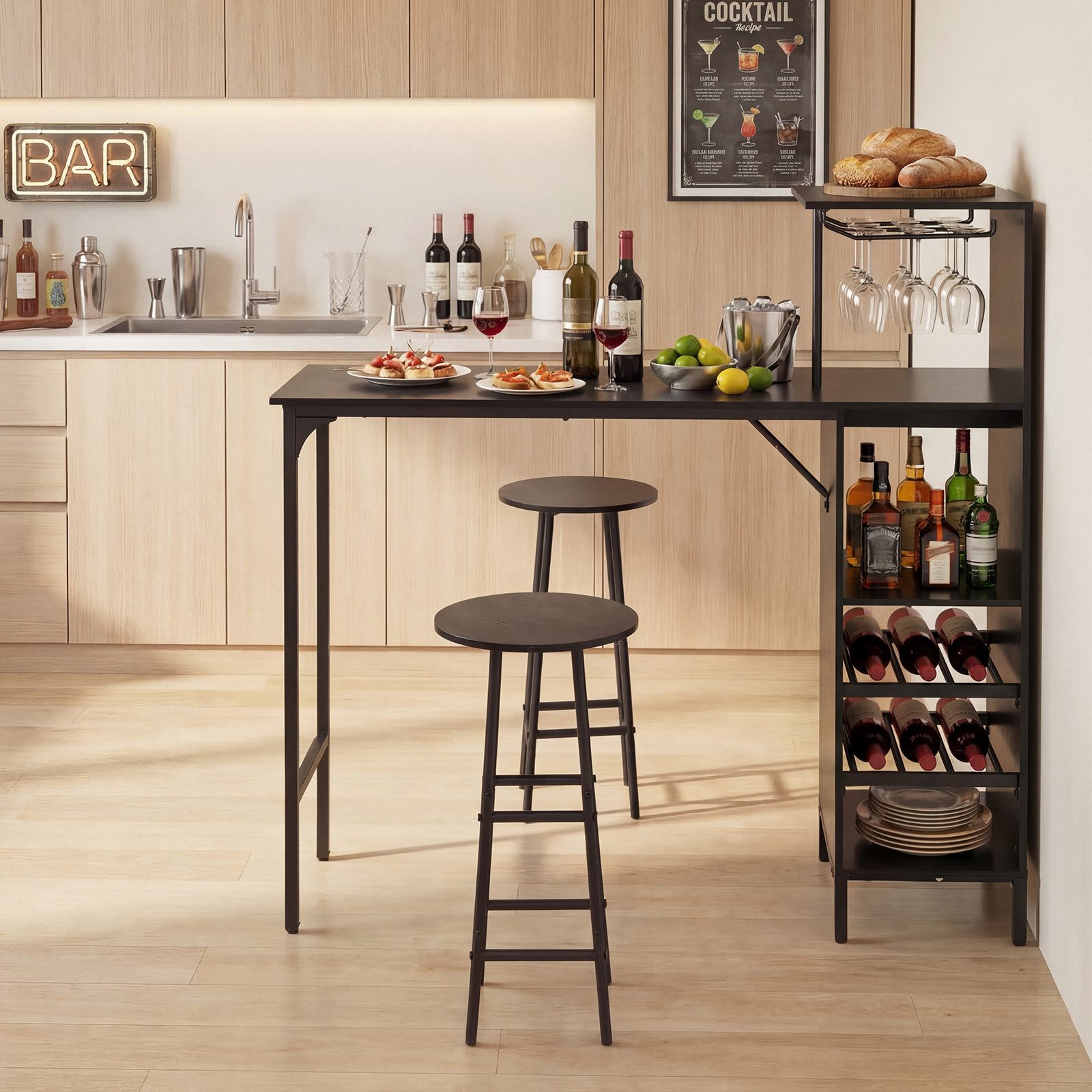 COSTWAY Bartisch (3 TLG. mit Hockern), mit Weinregal & Halterungen