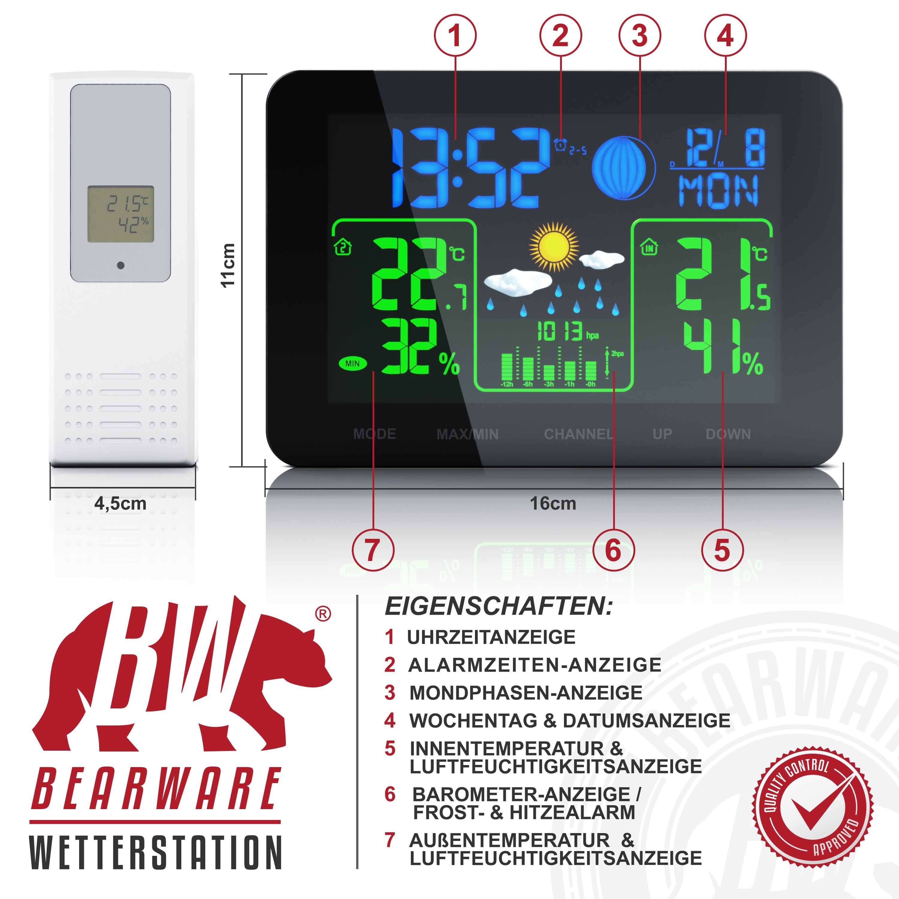 uvm) Barometer, Funk Außensensor, Farb (mit BEARWARE Wettervorhersage Display Außensensor mit & Wetterstation