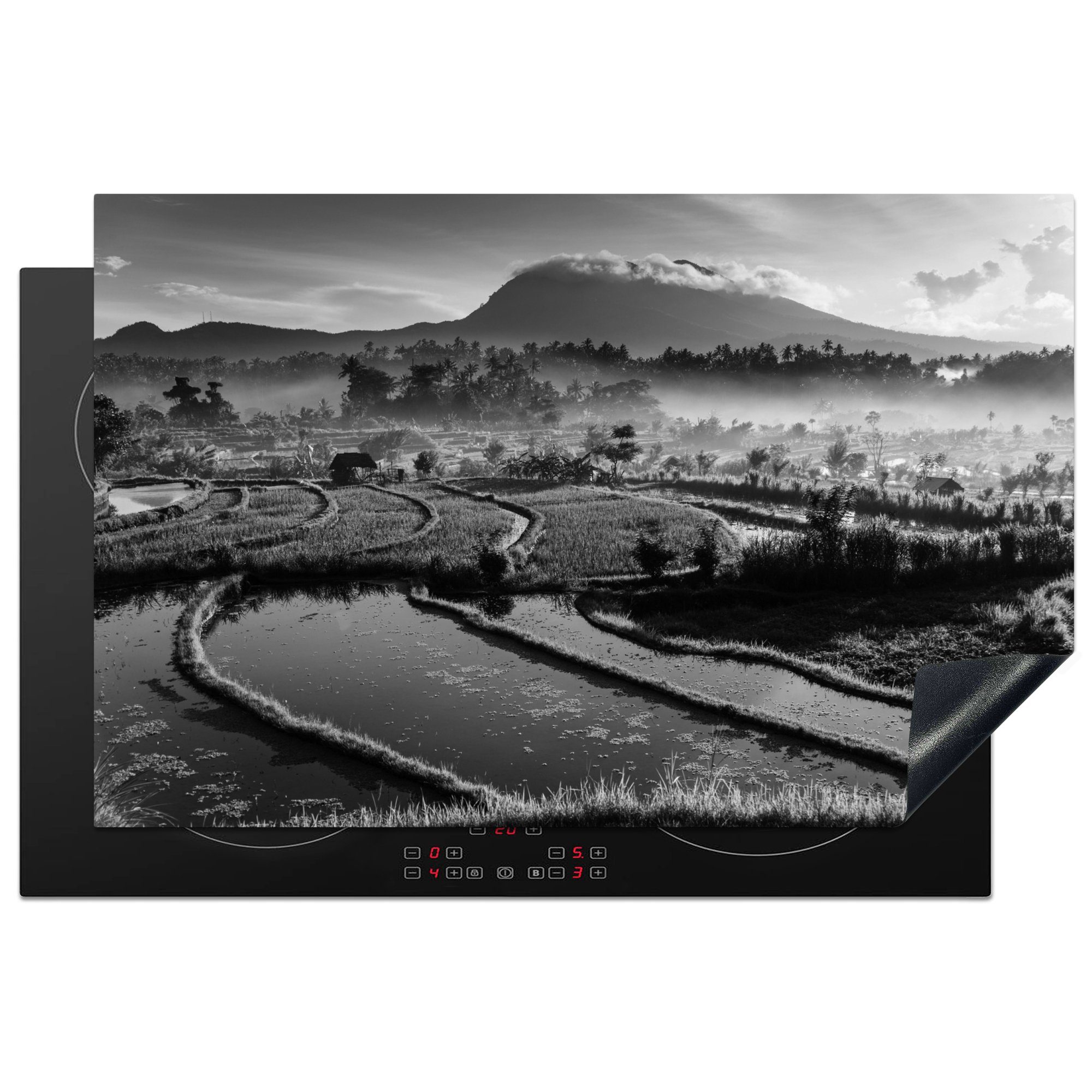 MuchoWow Herdblende-/Abdeckplatte Indonesien - Natur - Schwarz - Weiß, Vinyl, (1 tlg), 81x52 cm, Induktionskochfeld Schutz für die küche, Ceranfeldabdeckung