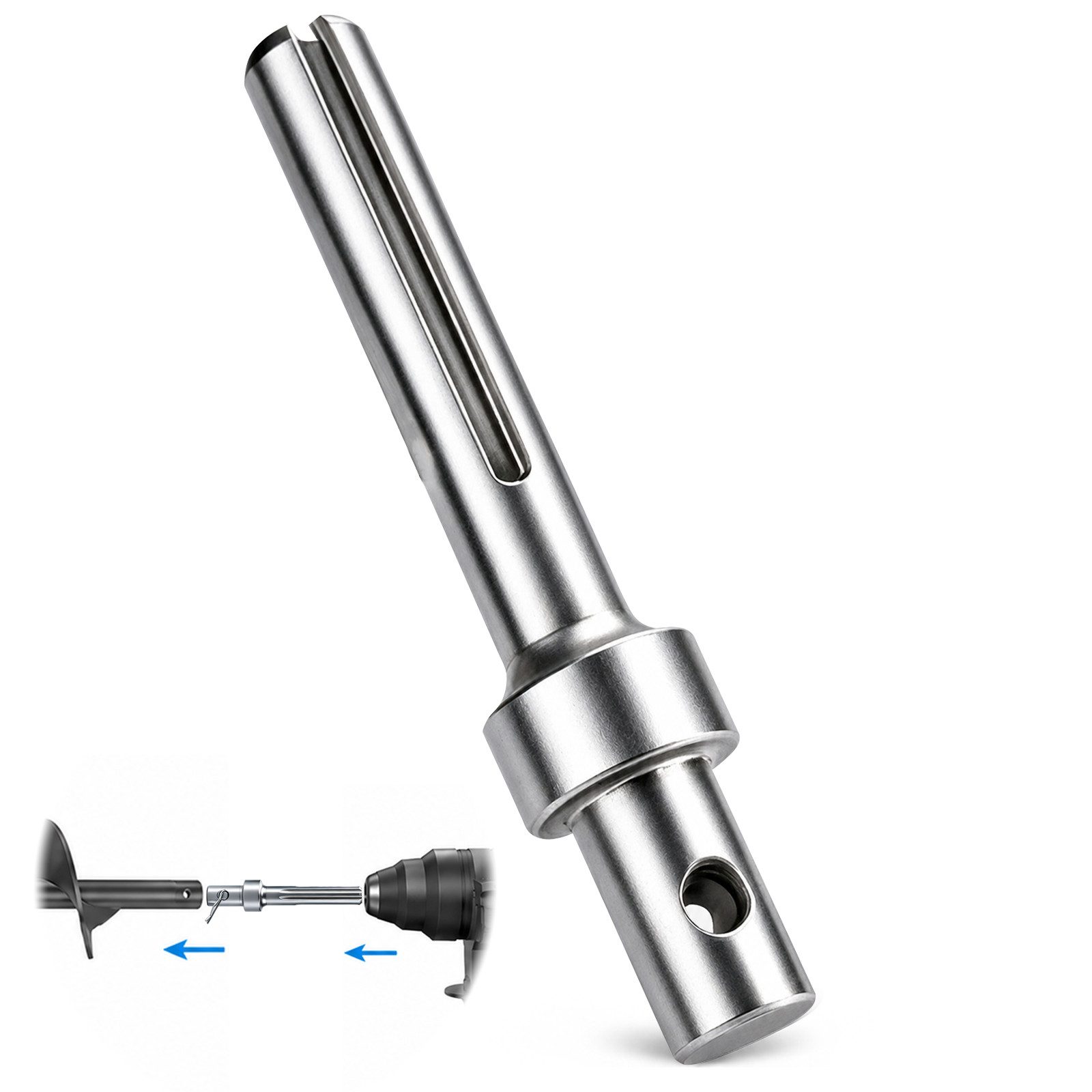 XERSEK Erdbohrer Adapter SDS-MAX für Schwere Bohrhämmer 145 mm Länge, 20 mm Aufnahme, (30 mm Verbreiterter Schutzring, 41Cr4-Metall), Geeignet für Erdbohrer Durchmesser > 10 cm‌