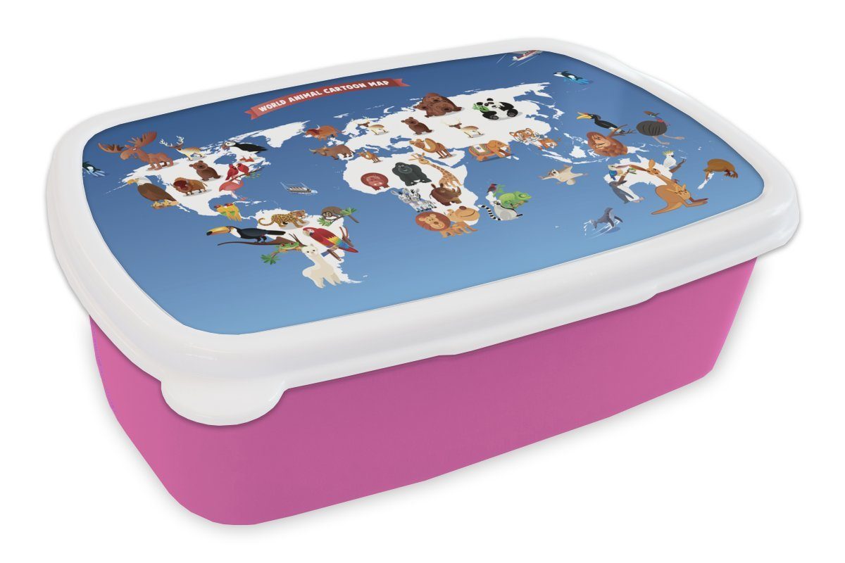 MuchoWow Lunchbox Weltkarte Kinder - Tiere - Erde, Kunststoff, (2-tlg), Brotbox für Erwachsene, Brotdose Kinder, Snackbox, Mädchen, Kunststoff rosa