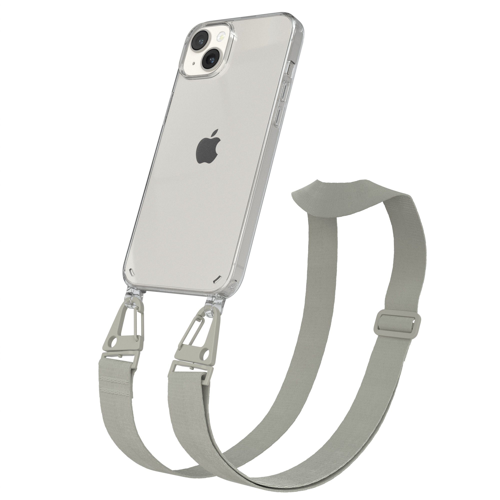 EAZY CASE Handykette Silikon Kette Karabiner für Apple iPhone 14 Plus 6,7 Zoll, Ketten Hülle Transparent Case Kettenhülle abnehmbare Kordel Grau Taupe