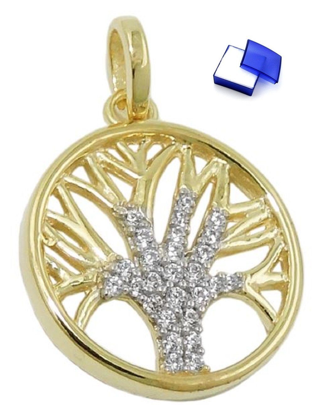 Kettenanhänger Anhänger Baum des Lebens mit Zirkonias 375 Gold 15 mm Schmuckbox