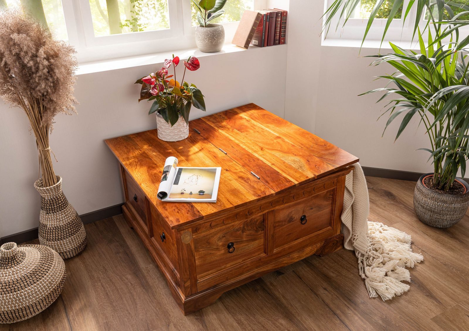 Massivmoebel24 Truhe OXFORD (1 St., Truhe Akazie 90x90x45 honig lackiert OXFORD #0416), Truhe Akazie 90x90x45 honig lackiert OXFORD #0416