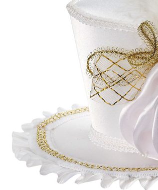 Karneval-Klamotten Kostüm Mini Zylinder Satin weiß mit Blume Federn, Karneval und Party Hut mit Goldband