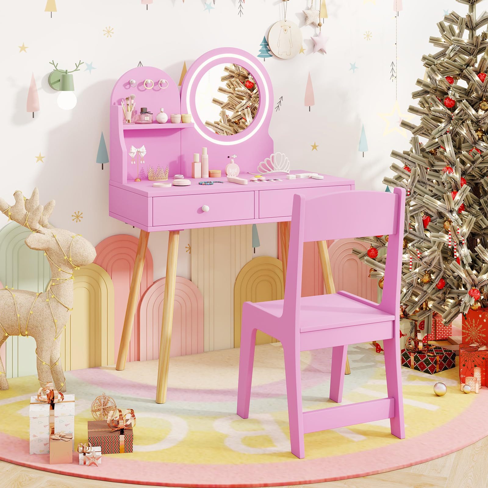 COSTWAY Schminktisch, Kinder Schminktisch mit LED-Beleuchtung, Holz