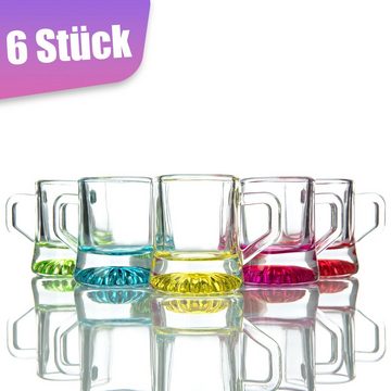 BigDean Schnapsglas 6 x Schnapsgläser Henkel farbig 3cl Shotgläser Spülmaschinenfest, Glas