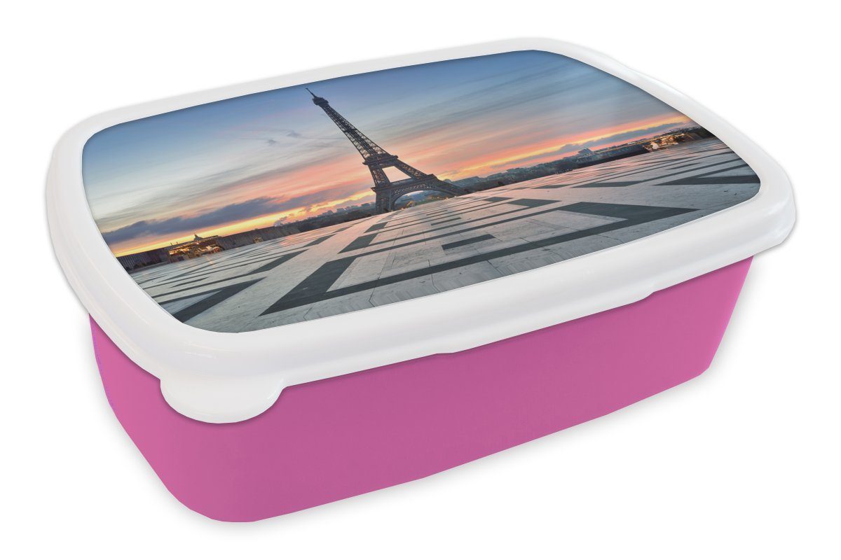 MuchoWow Lunchbox Der Eiffelturm Sonnenuntergang, Platz Snackbox, Kinder, Chaillot bei des rosa Mädchen, vom Palais Kunststoff, Brotdose Brotbox Kunststoff de Erwachsene, für (2-tlg)