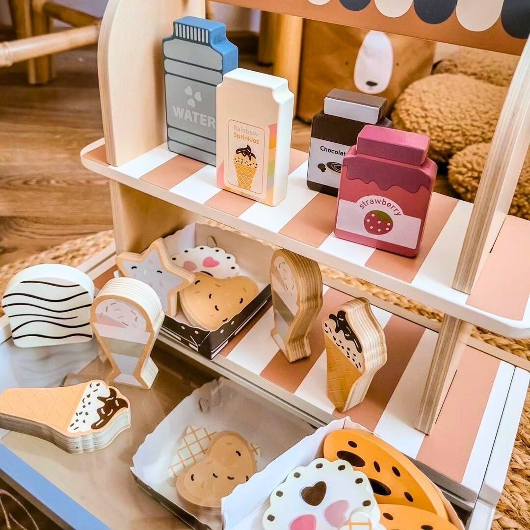 Mamabrum Spiel-Einkaufswagen Holzladen für Kinder, Faltbar, Café und Konditorei mit Zubehör im Set