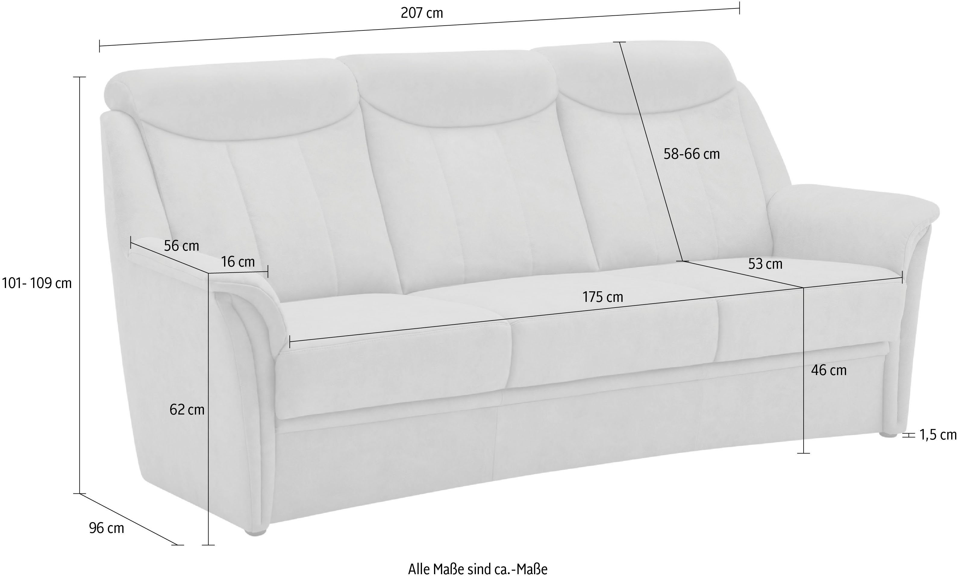 VILLA BECK 3-Sitzer Lugano, 1 cm Kopfteilverstellung, in inklusive Sitzhöhe 46 Teile