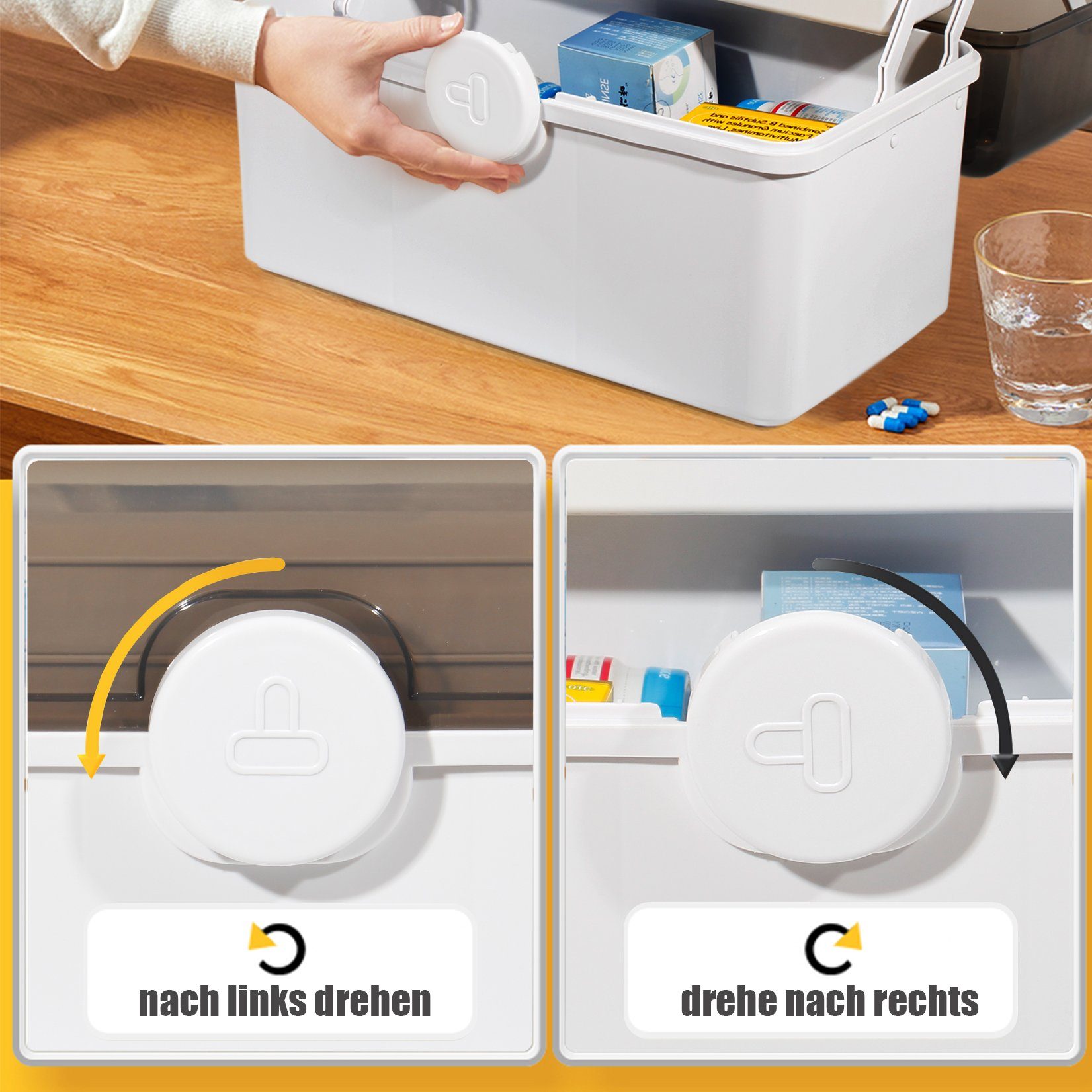 Zedelmaier Aufbewahrungsbox Medikamenten Aufbewahrung Medizinbox Apothekenbox HausapothekeBox Groß (YX1005), Tragbar, Kindersicherung, 3 Treppenabteile
