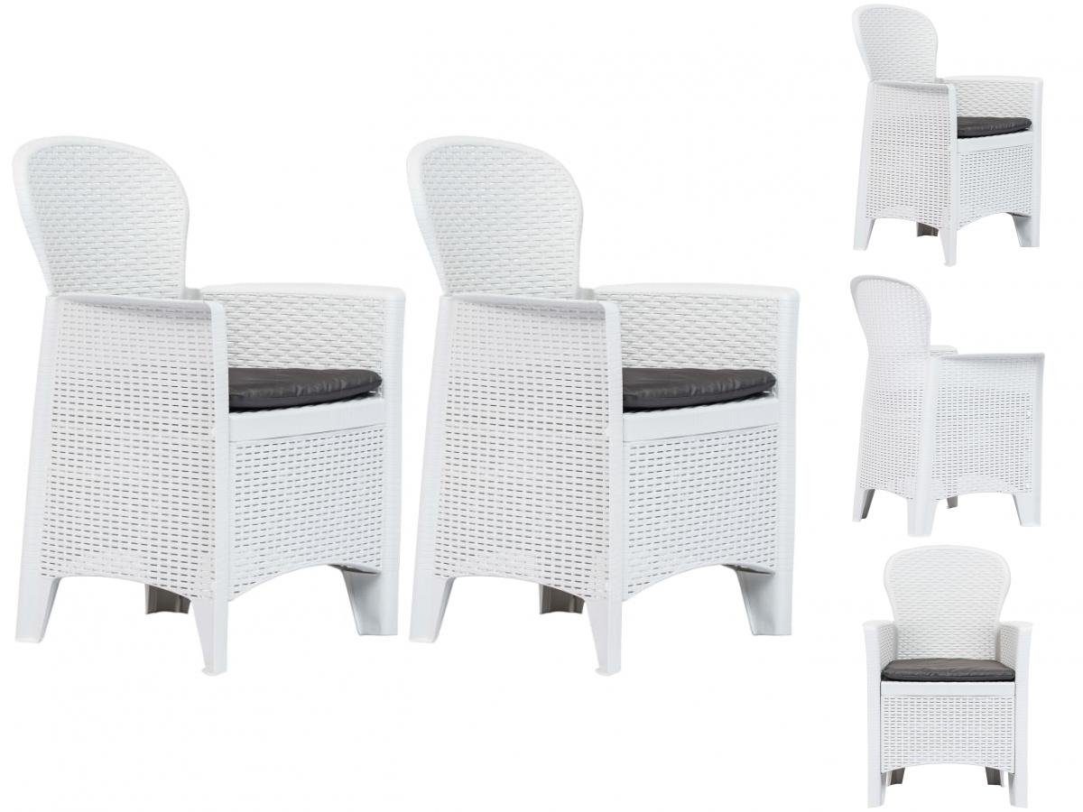 vidaXL Gartenstuhl 2 Weiß | Weiß Rattan-Optik Kunststoff Stk Weiß Gartenstühle Kissen mit