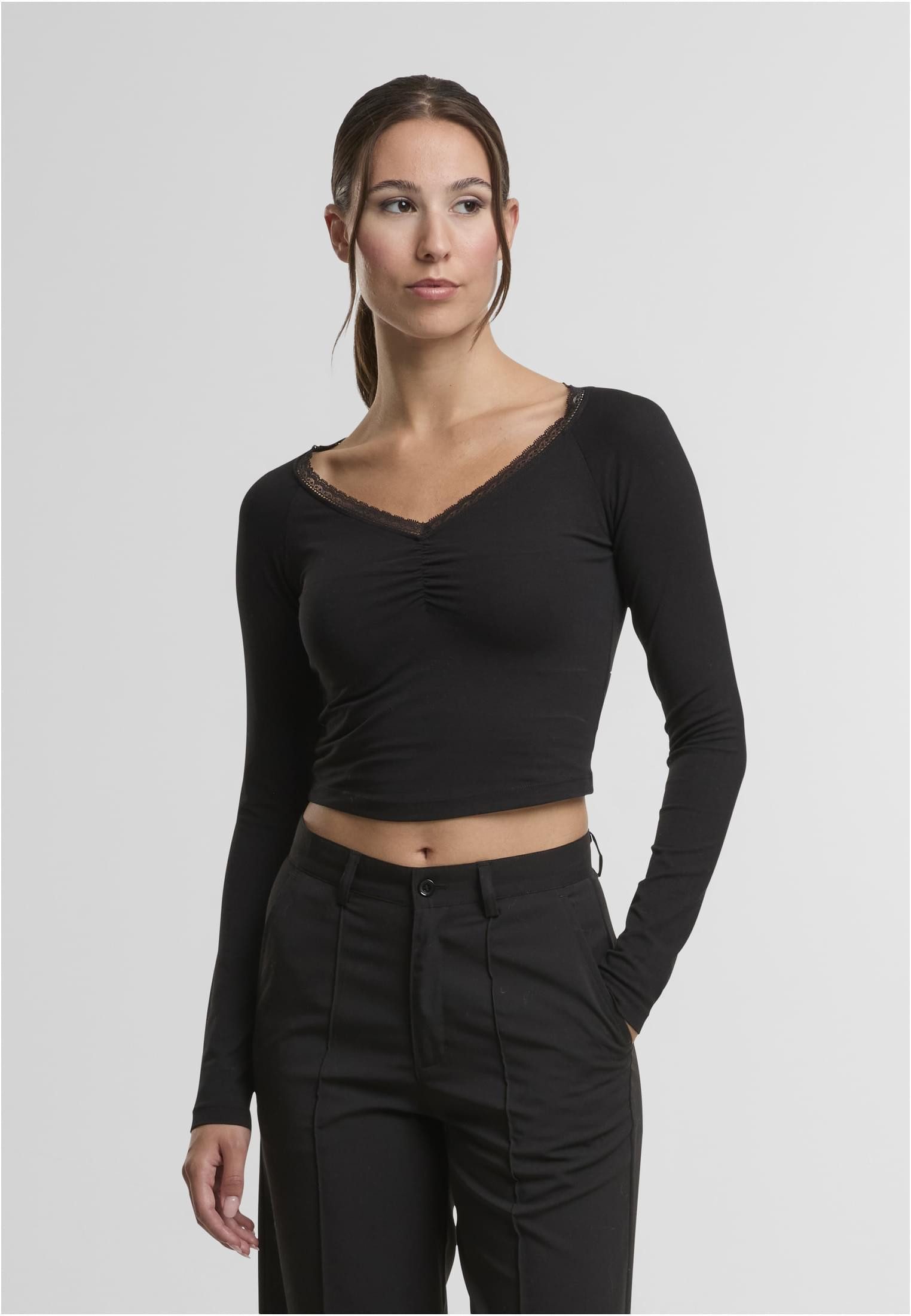 URBAN CLASSICS Tanktop Damen Short Lognsleeve Lace Top
