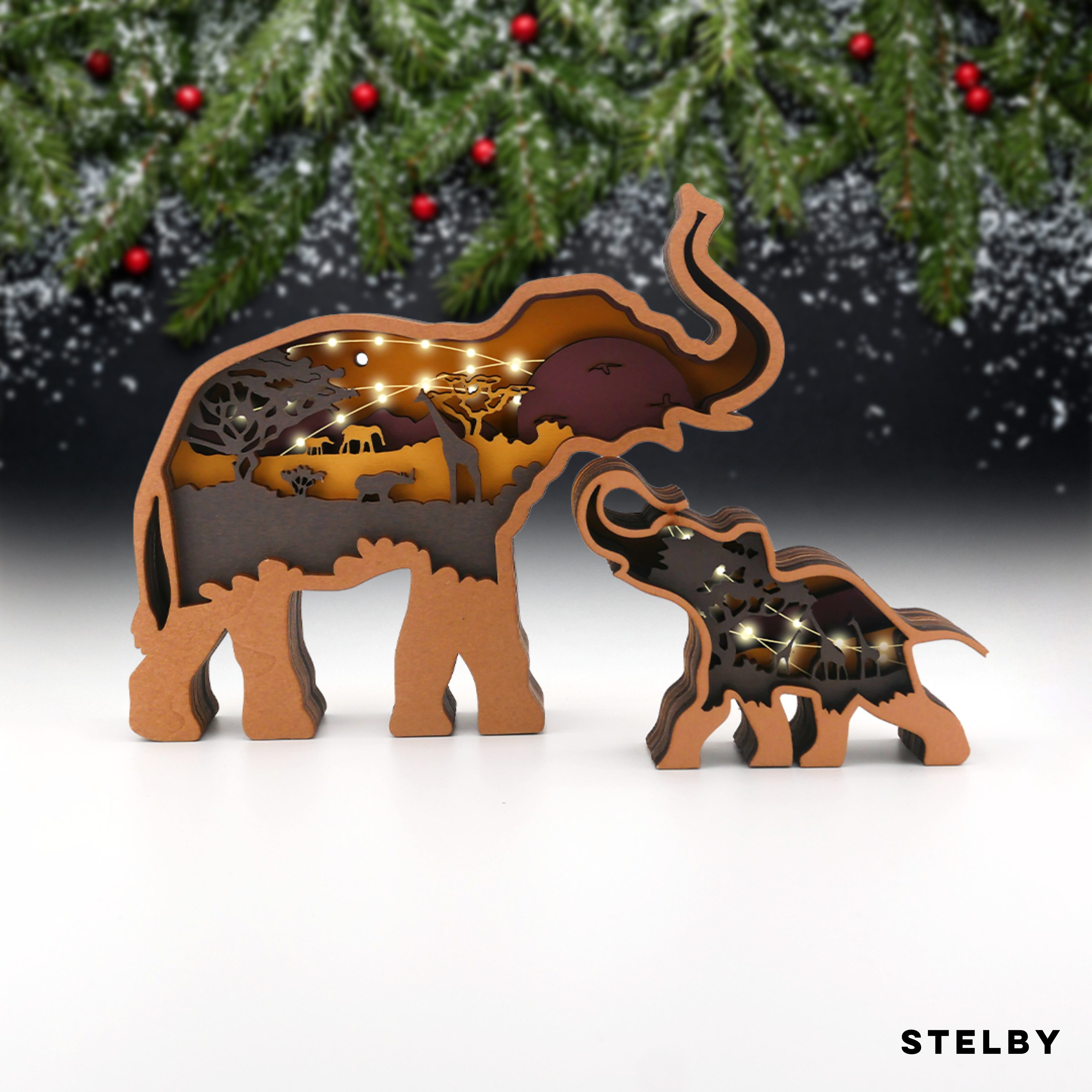 Stelby Dekofigur Tischdekoration Elefant Holzmodell LED mit Lichtern (2er-S günstig online kaufen