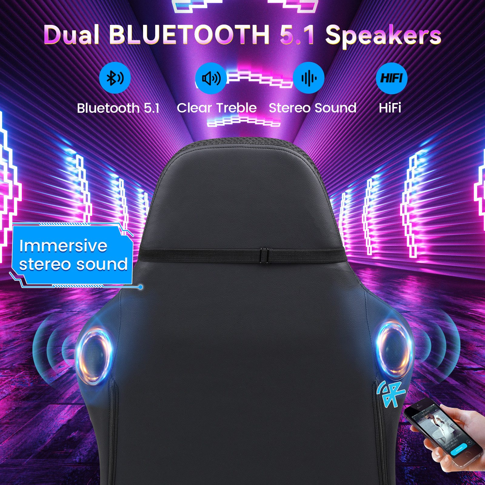 GTPLAYER Gaming-Stuhl Gaming Chair mit Lautsprecher und LED, Bürostuhl, Gamer Stuhl, Fernbedienung und APP-Steuerung, 150KG