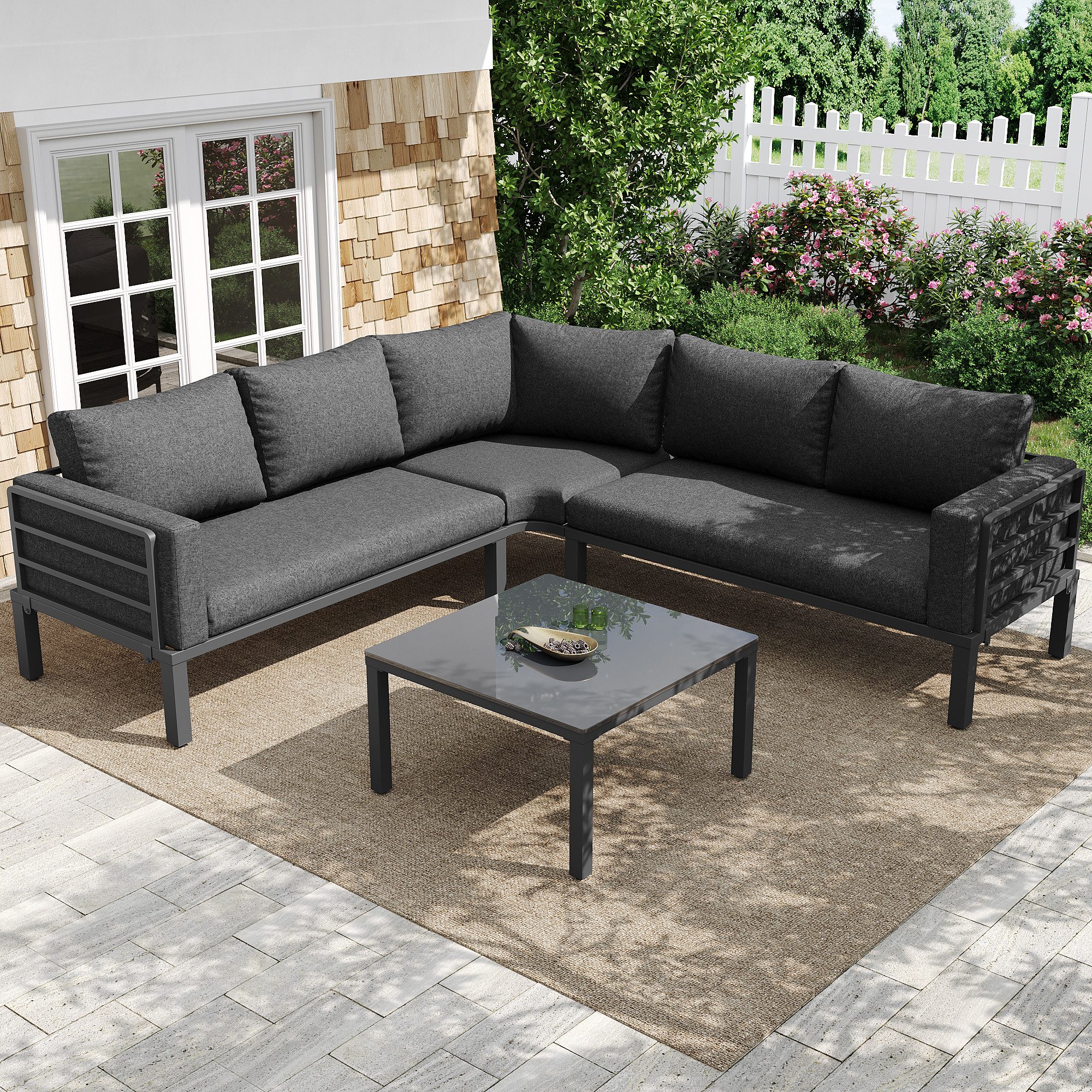 Flieks Gartenlounge-Set, 5-Sitzer Gartenmöbel Gartensofa mit Couchtisch aus gehärtetem Glas