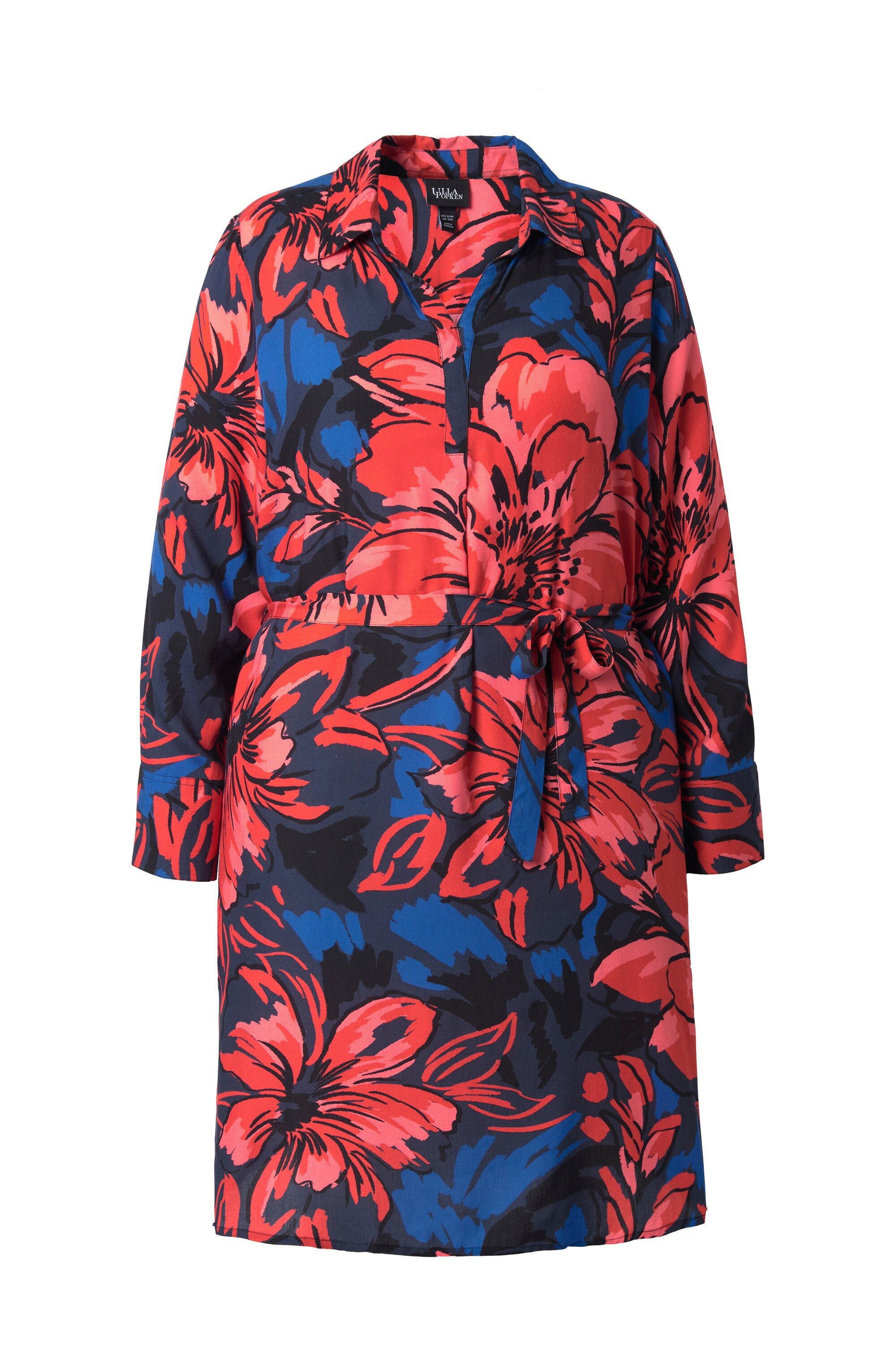 Ulla Popken Minikleid Kleid Blüten Hemdkragen V-Ausschnitt Langarm günstig online kaufen