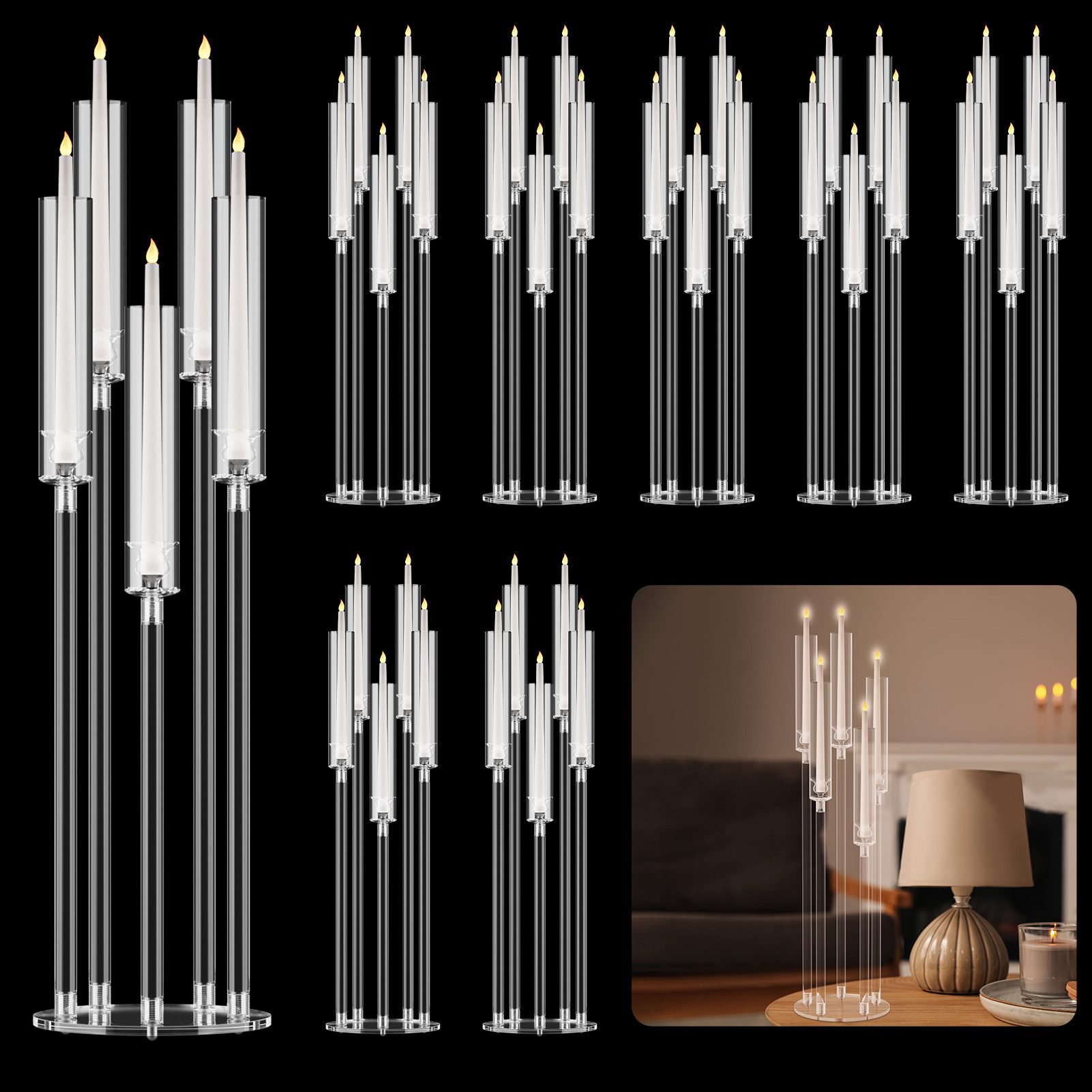 Rutaqian Kerzenständer Acryl Kandelaber für LED Kerzen 5-armig Tischdeko Party Hochzeit (8er Set LED Kerzenleuchter mit Lampenschirmen, ohne Kerzen, 8 St), Geeignet für LED-Kerzen unter 2,2 cm Durchmesser