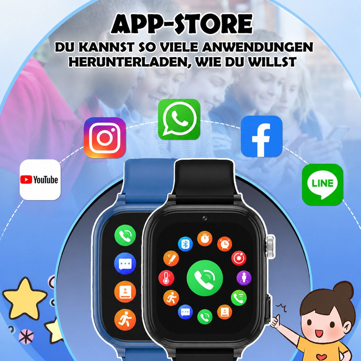 Vashoy Kinderuhr T59/T53 Smartwatch Kinder mit GPS,Kindgerecht sicher Smartwatch (5 cm/1.83 Zoll, RTOS/4G (LTE) 4G Telefonfunktionen Smartwatch, 6-tlg., Mit App – Bild 5 von 5
