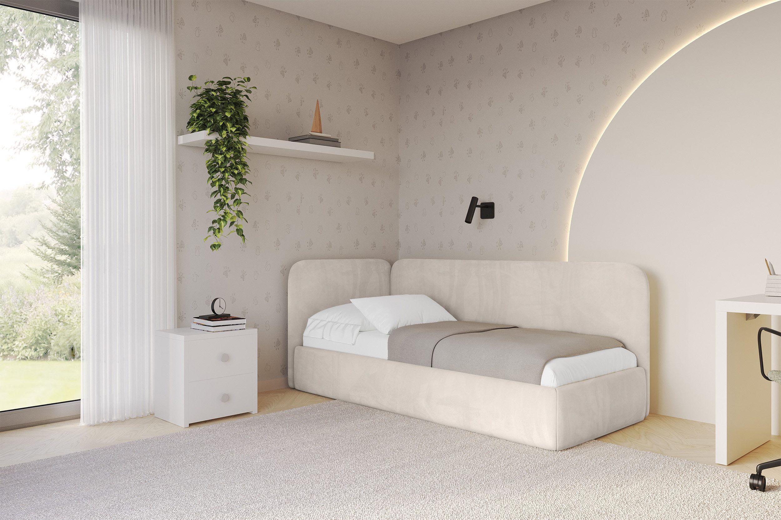 ALTDECOR Jugendbett ELSY (Jugendbett mit Bettkasten und Lattenrost, Polsterbett mit Matratze), Einzelbett mit Stauraum, Bett mit Kopfteil