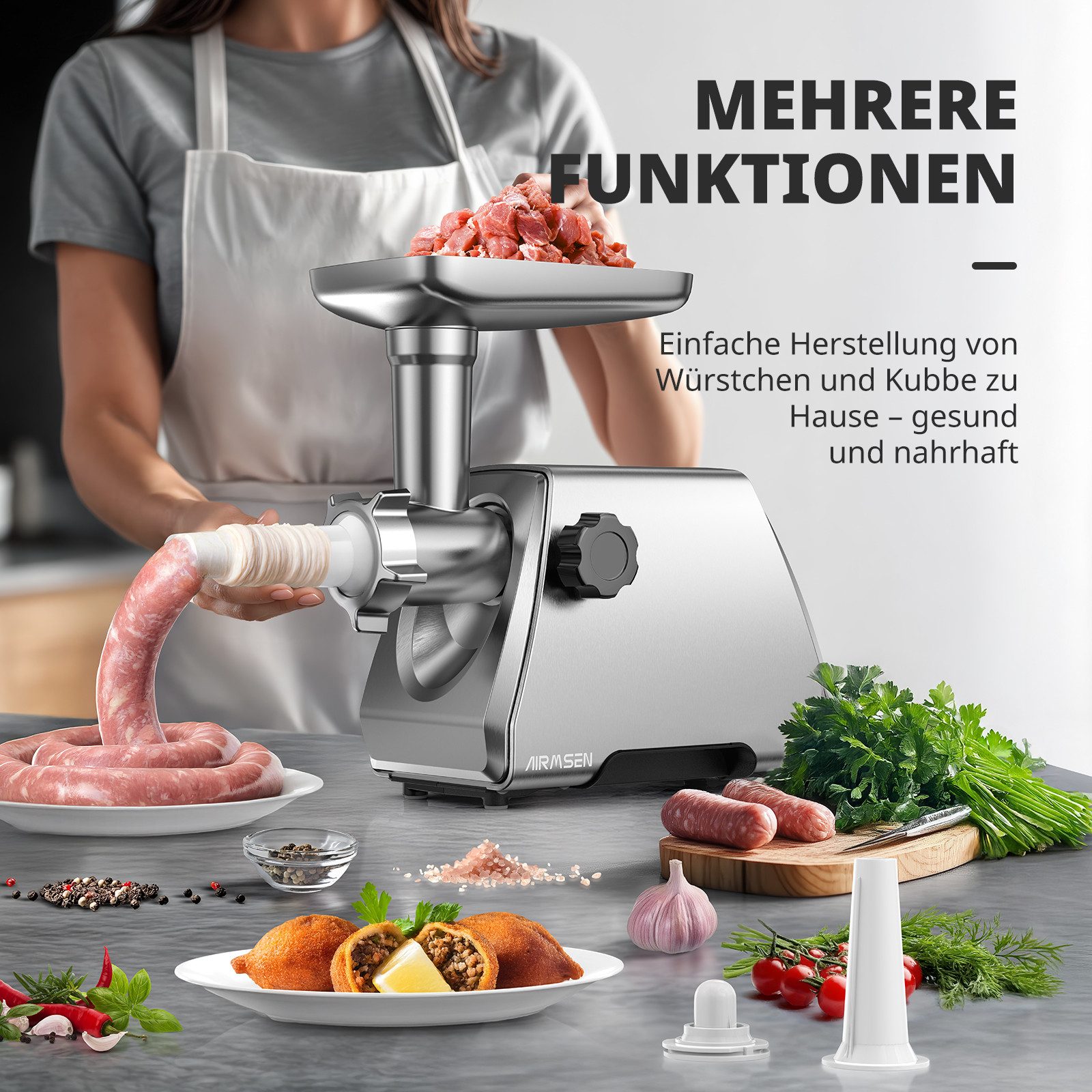 Airmsen Fleischwolf 3-in-1 Elektrischer Fleischwolf mit Wurstfüller 2 Edelstahlklingen, 3 Mahlplatten & Kubbe-Zubehör,Klein für Haushalt & Einfach zu Reinigen
