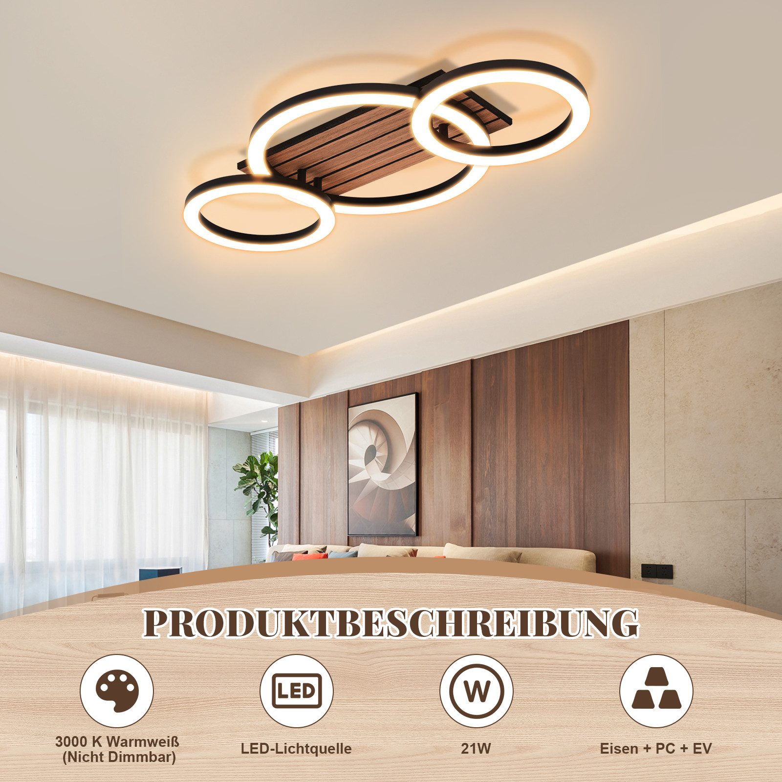 Nettlife LED Deckenleuchte Retro schwarz 14/21W eckig 3000K Warmweiß Design lampe Holz, LED fest integriert, für Küche Schlafzimmer Flur Wohnzimmer Bürolampe Zu – Bild 5 von 5