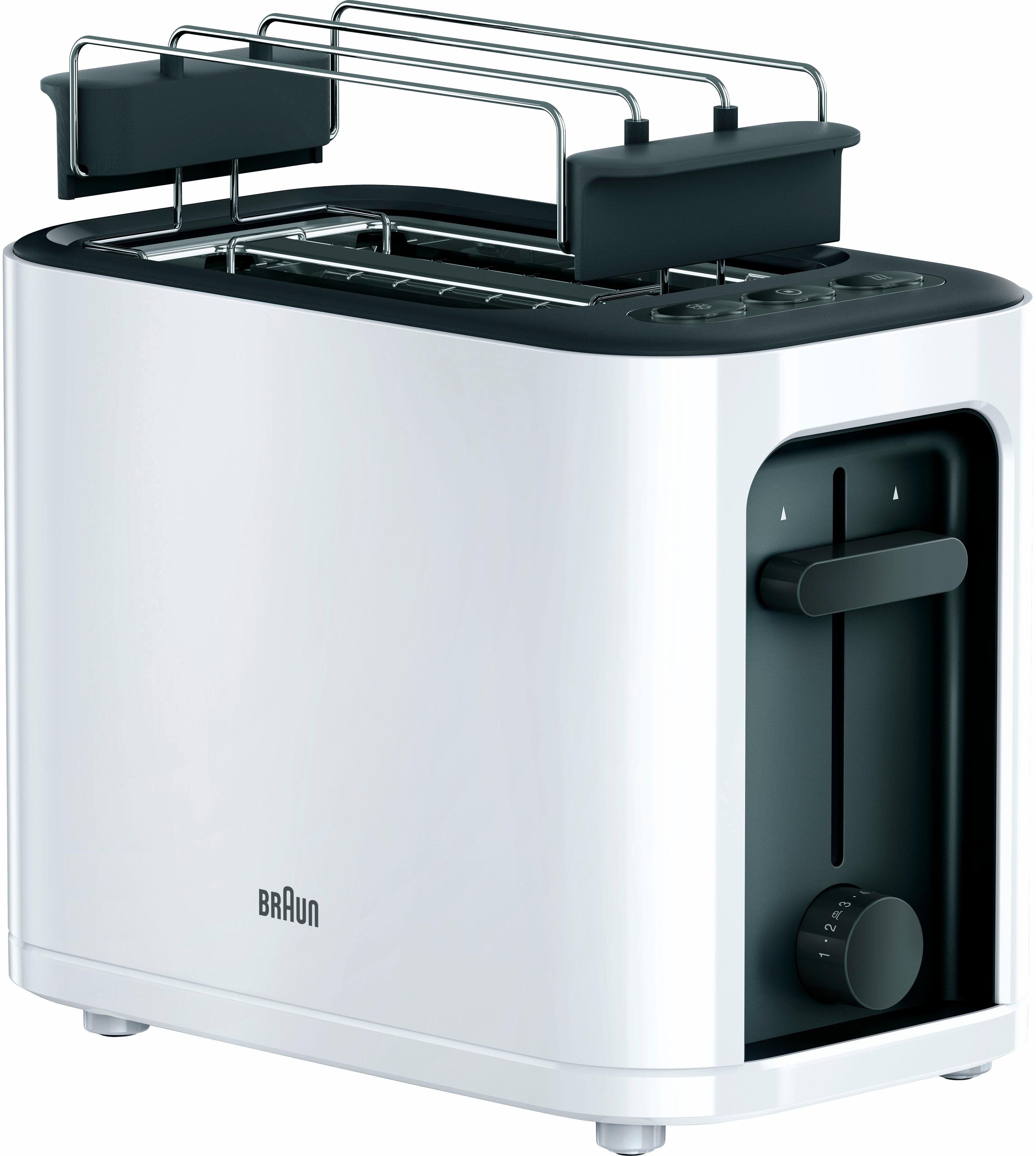 Braun Toaster PurEase HT 3010 WH - 2 Schlitze, 7 Stufen, Auftau- Aufwärmfunktion, 2 kurze Schlitze, für 2 Scheiben, 1000 W, 1.000 W, Kunststoff, Automatische Abschaltung, Brötchenaufsatz
