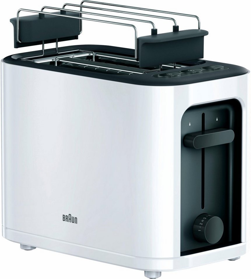 Braun Toaster HT 3010 WH, 2 kurze Schlitze, für 2 Scheiben, 1000 W,  Aufwärm-, Auftau- und Stop-Funktion
