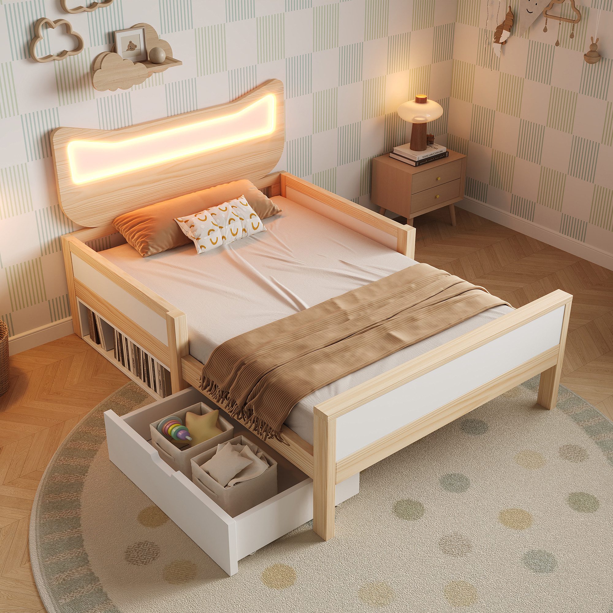 MODFU Kinderbett LED-Beleuchtung, Stauraum & Schutzgitter (Packung, 1-tlg., 90x200 cm Hausbett mit Katzenohren-Kopfteil), Inklusive Lattenrost, Farbe Weiß/Eiche(ohne Matratze)