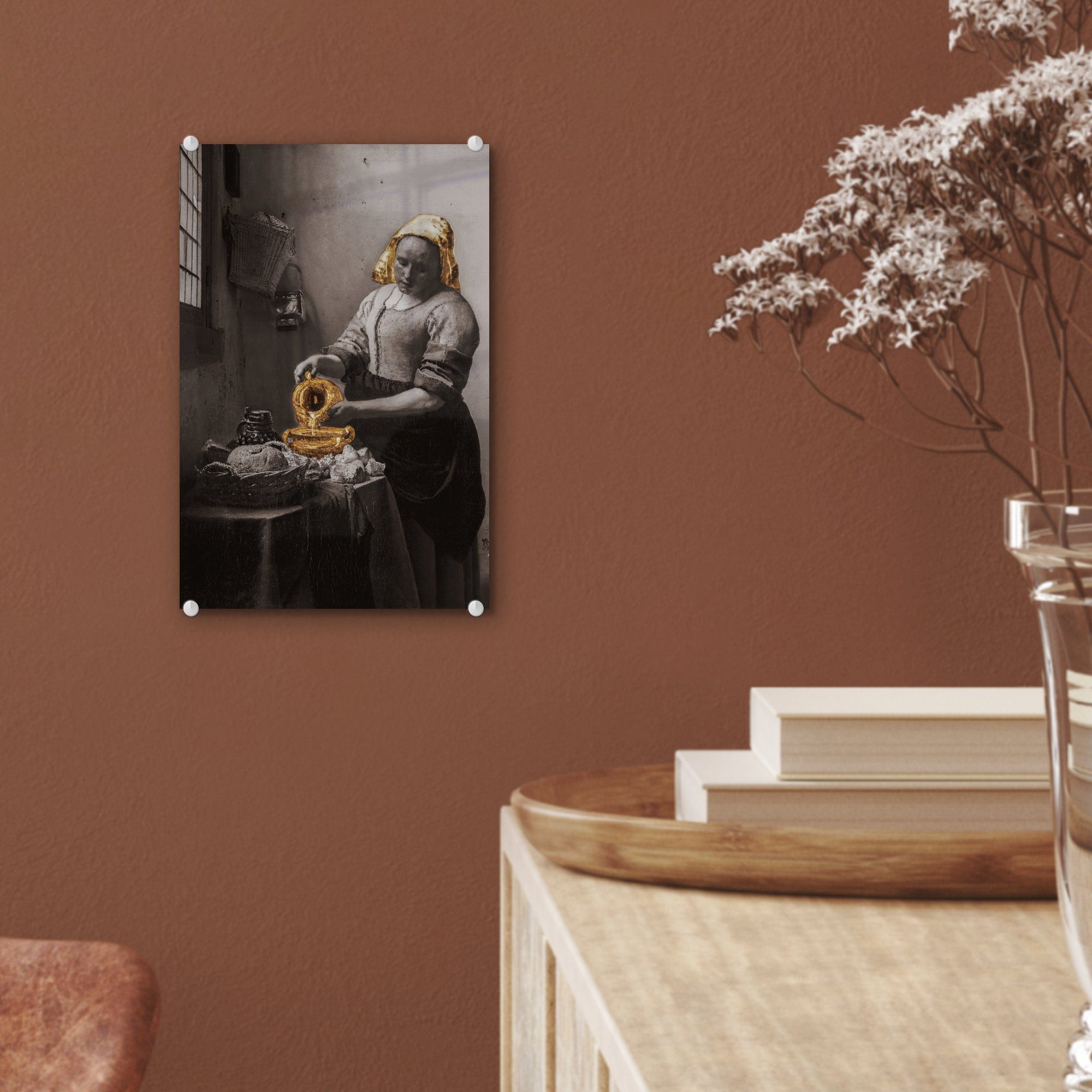 Glasbilder Wandbild Glas Gold, - Vermeer MuchoWow Milchmädchen St), - Acrylglasbild auf - Foto - Bilder Johannes auf Glas - Wanddekoration Das (1