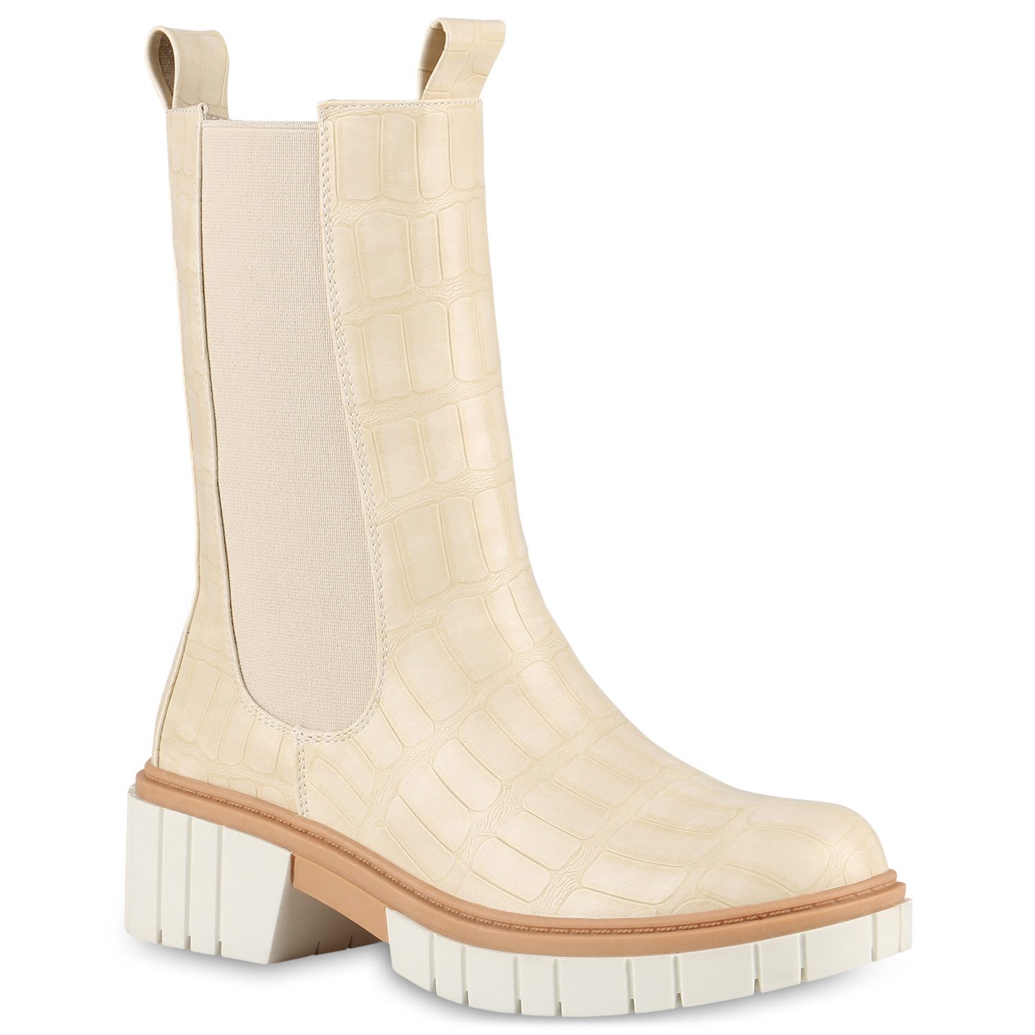 VAN HILL 838051 Plateaustiefel Damen Plateaustiefel Stiefel Blockabsatz Kroko Profil-Sohle